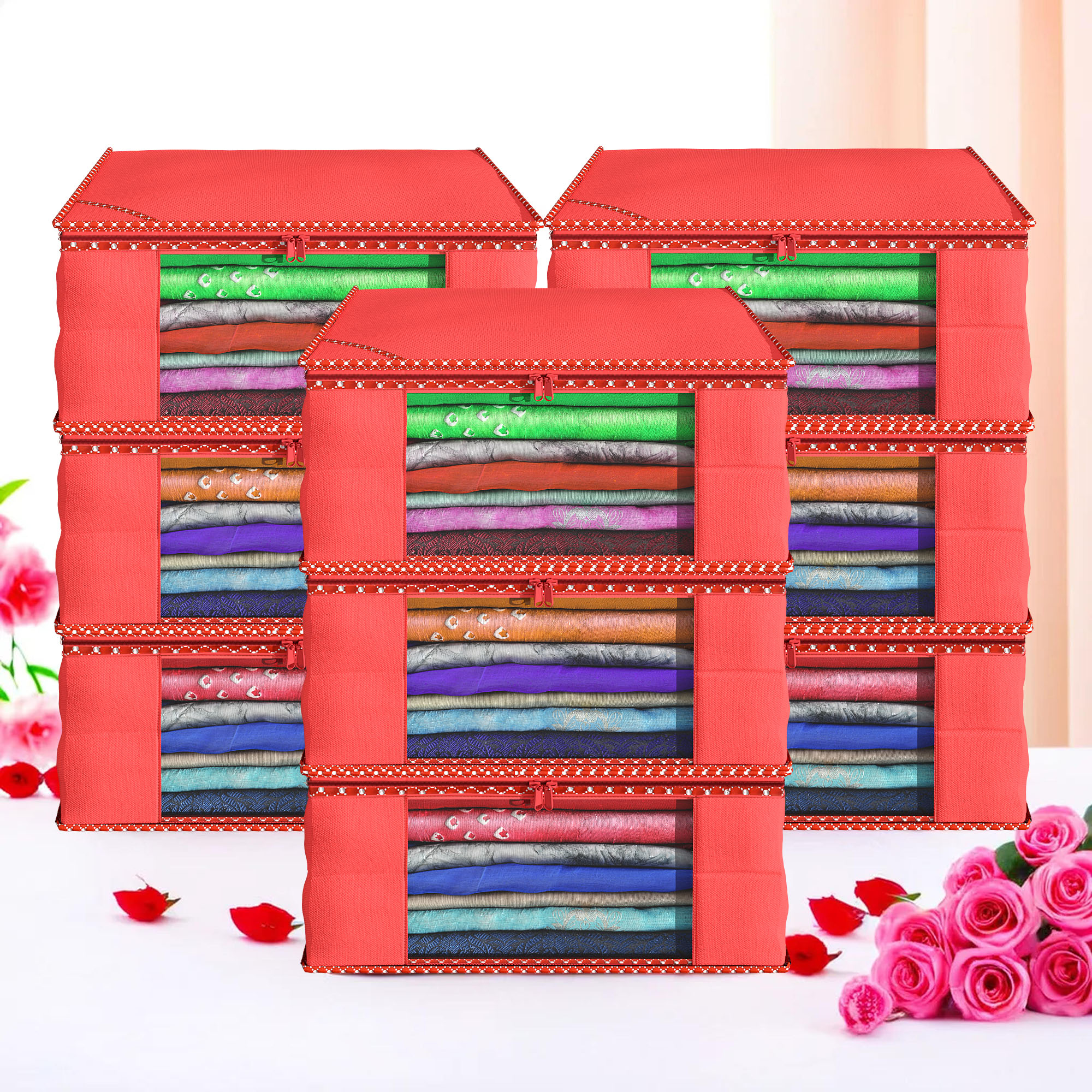 Kuber Industries Pack of 4 Saree Covers  Non-Woven Saree Bags 9 Inch Clothes Bag for Women  Foldable Storage Bag for Almirah  Wardrobe Hathkadi Piping Sari Cover Bags  Red