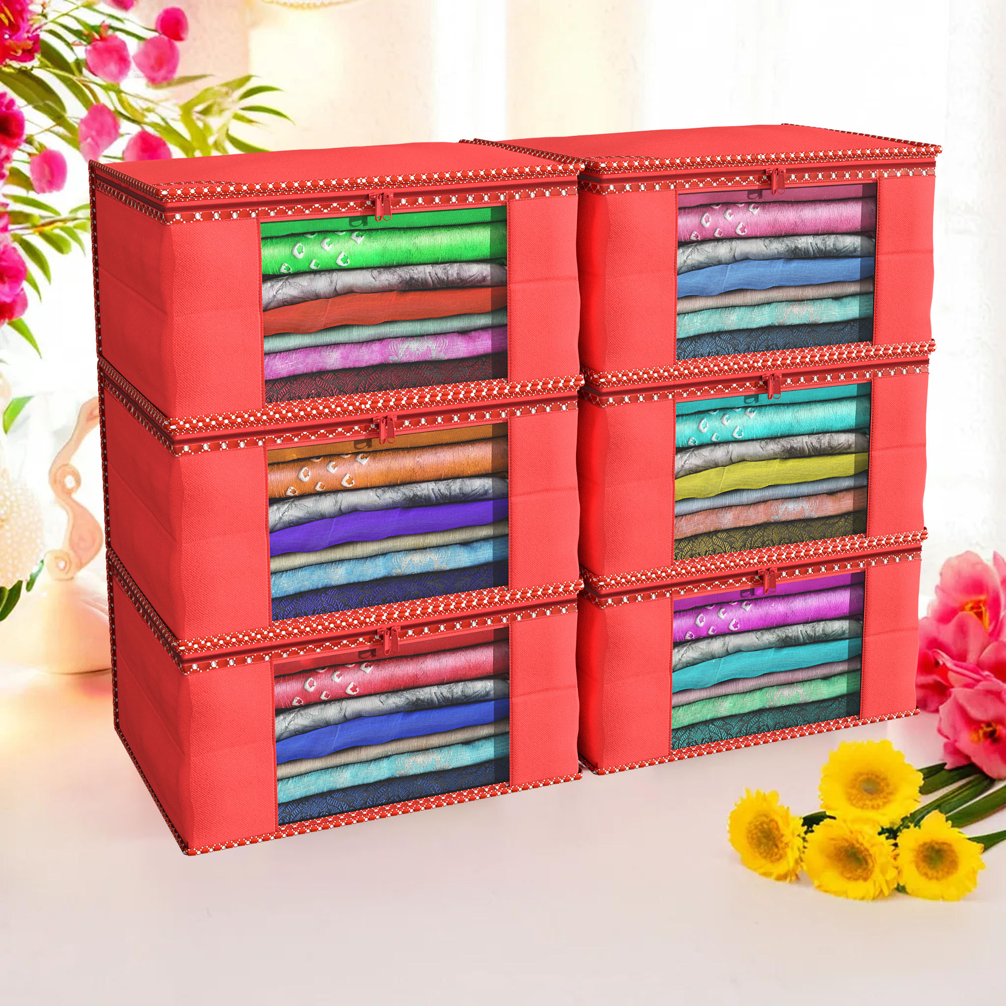 Kuber Industries Pack of 4 Saree Covers  Non-Woven Saree Bags 9 Inch Clothes Bag for Women  Foldable Storage Bag for Almirah  Wardrobe Hathkadi Piping Sari Cover Bags  Red