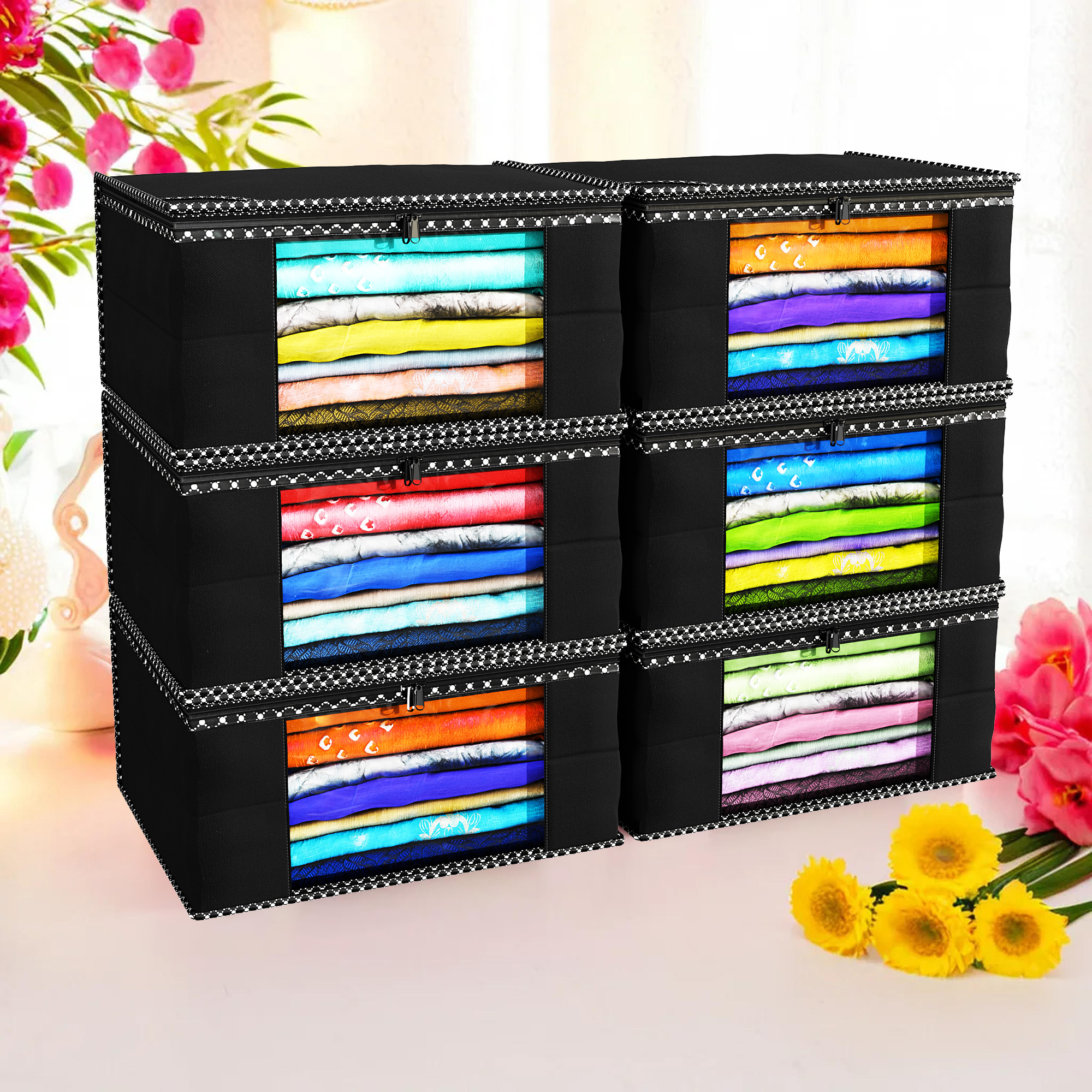 Kuber Industries Pack of 4 Saree Covers  Non-Woven Saree Bags 9 Inch Clothes Bag for Women  Foldable Storage Bag for Almirah  Wardrobe Hathkadi Piping Sari Cover Bags  Black