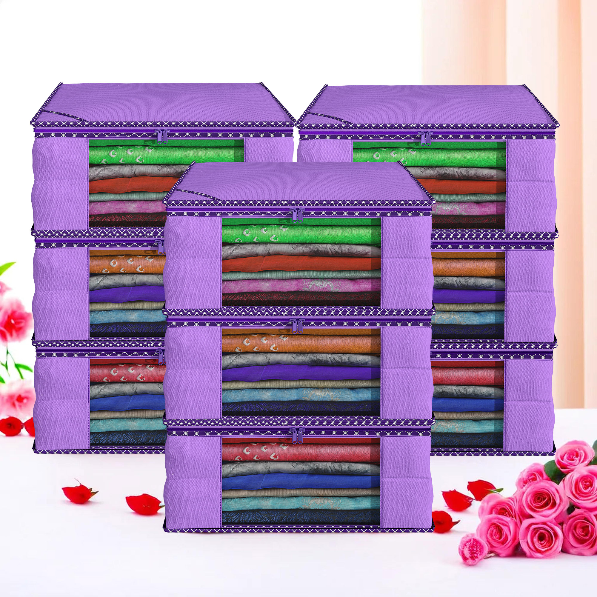 Kuber Industries Pack of 4 Saree Covers  Non-Woven Saree Bags 9 Inch Clothes Bag for Women  Foldable Storage Bag for Almirah  Wardrobe Hathkadi Piping Sari Cover Bags  Purple