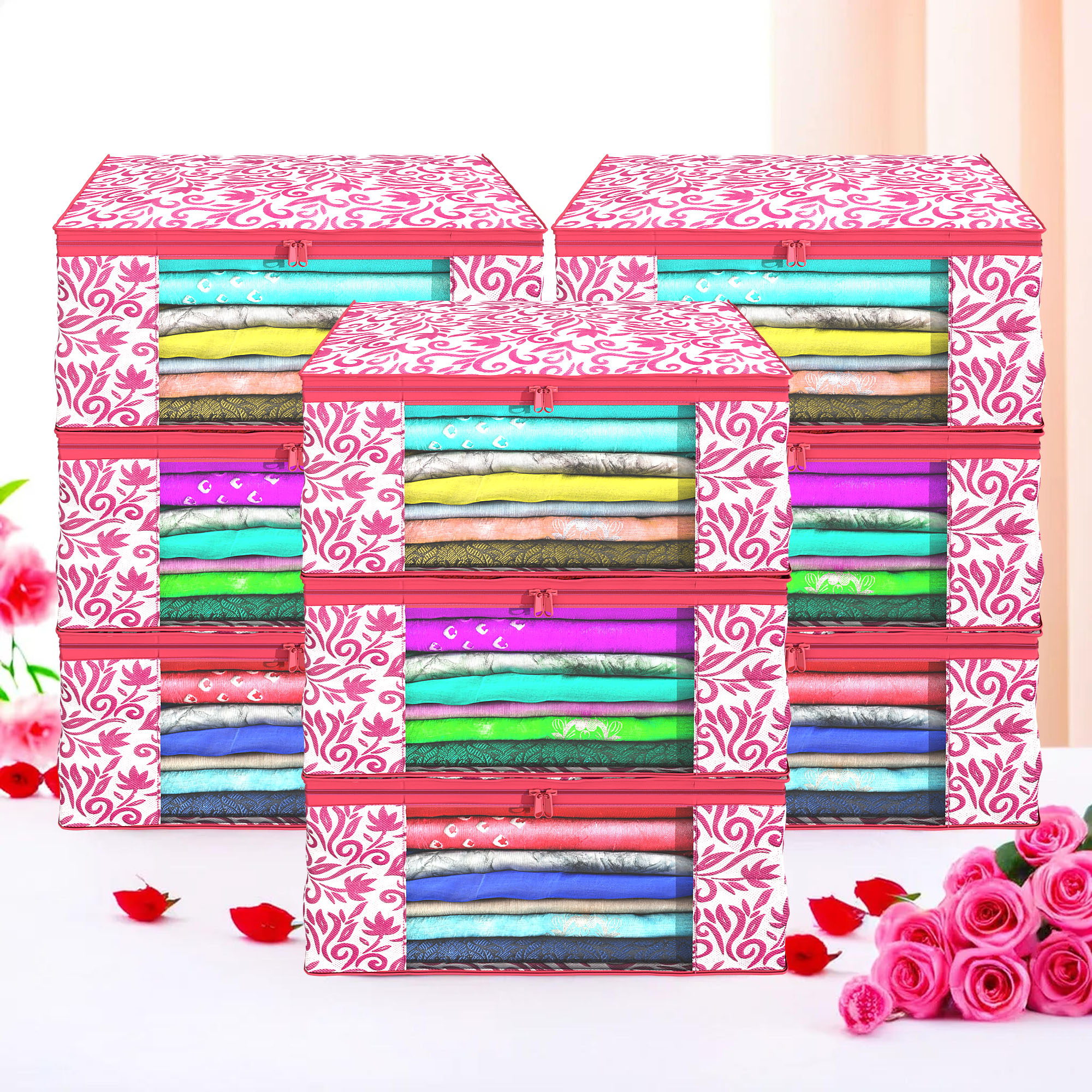 Kuber Industries Pack of 4 Saree Covers  Non-Woven Saree Bags 9 Inch Clothes Bag for Women  Foldable Storage Bag for Almirah  Wardrobe Leaf Print Sari Cover Bags  Pink