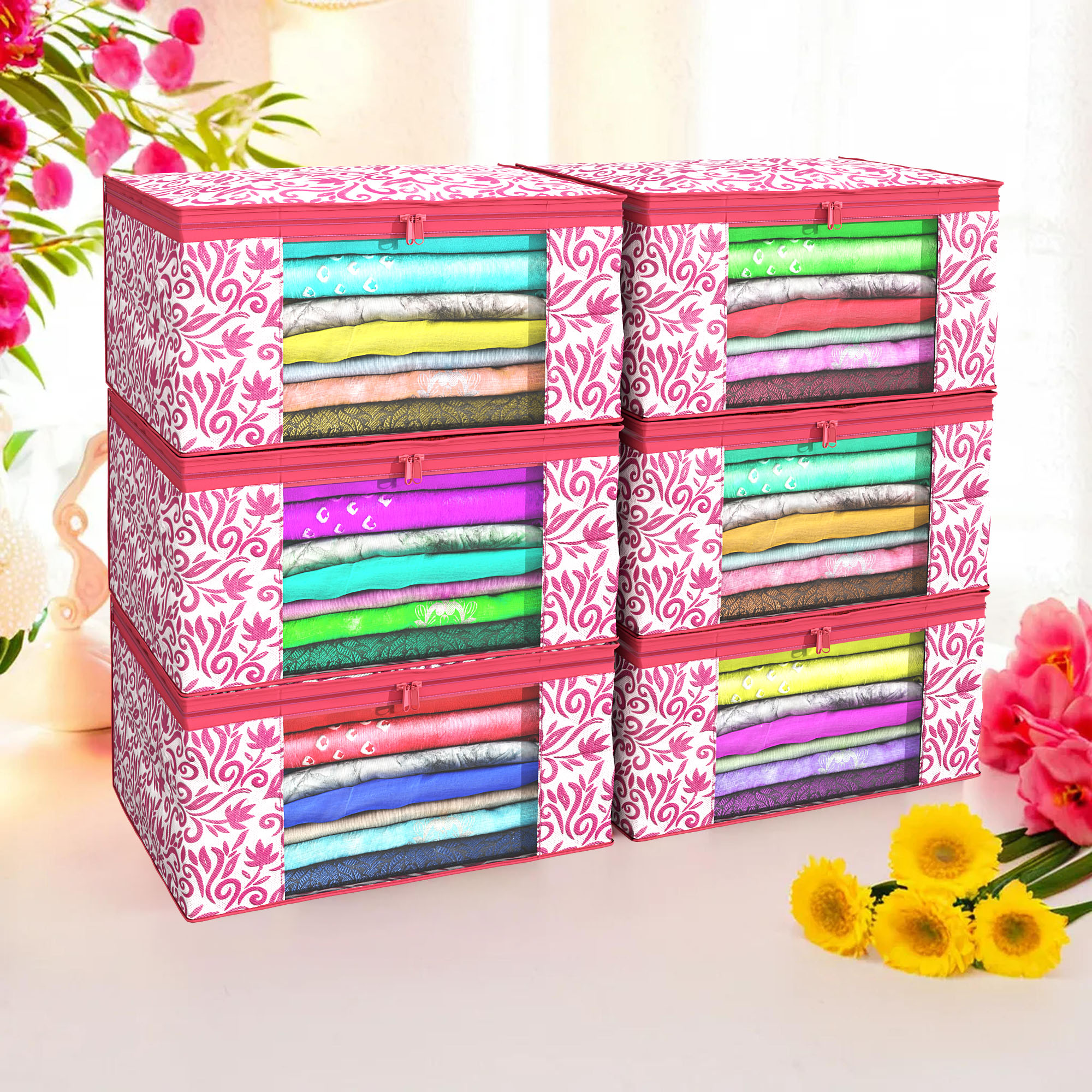 Kuber Industries Pack of 4 Saree Covers  Non-Woven Saree Bags 9 Inch Clothes Bag for Women  Foldable Storage Bag for Almirah  Wardrobe Leaf Print Sari Cover Bags  Pink