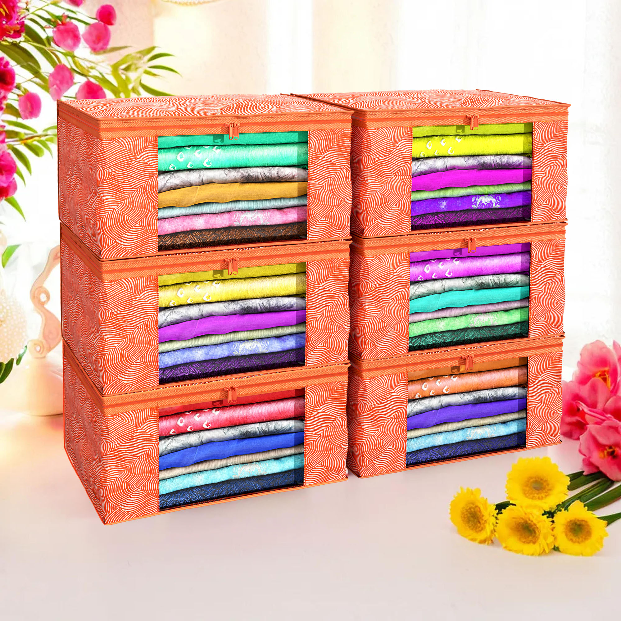 Kuber Industries Pack of 4 Saree Covers  Non-Woven Saree Bags 9 Inch Clothes Bag for Women  Foldable Storage Bag for Almirah  Wardrobe Lahariya Print Sari Cover Bags  Orange