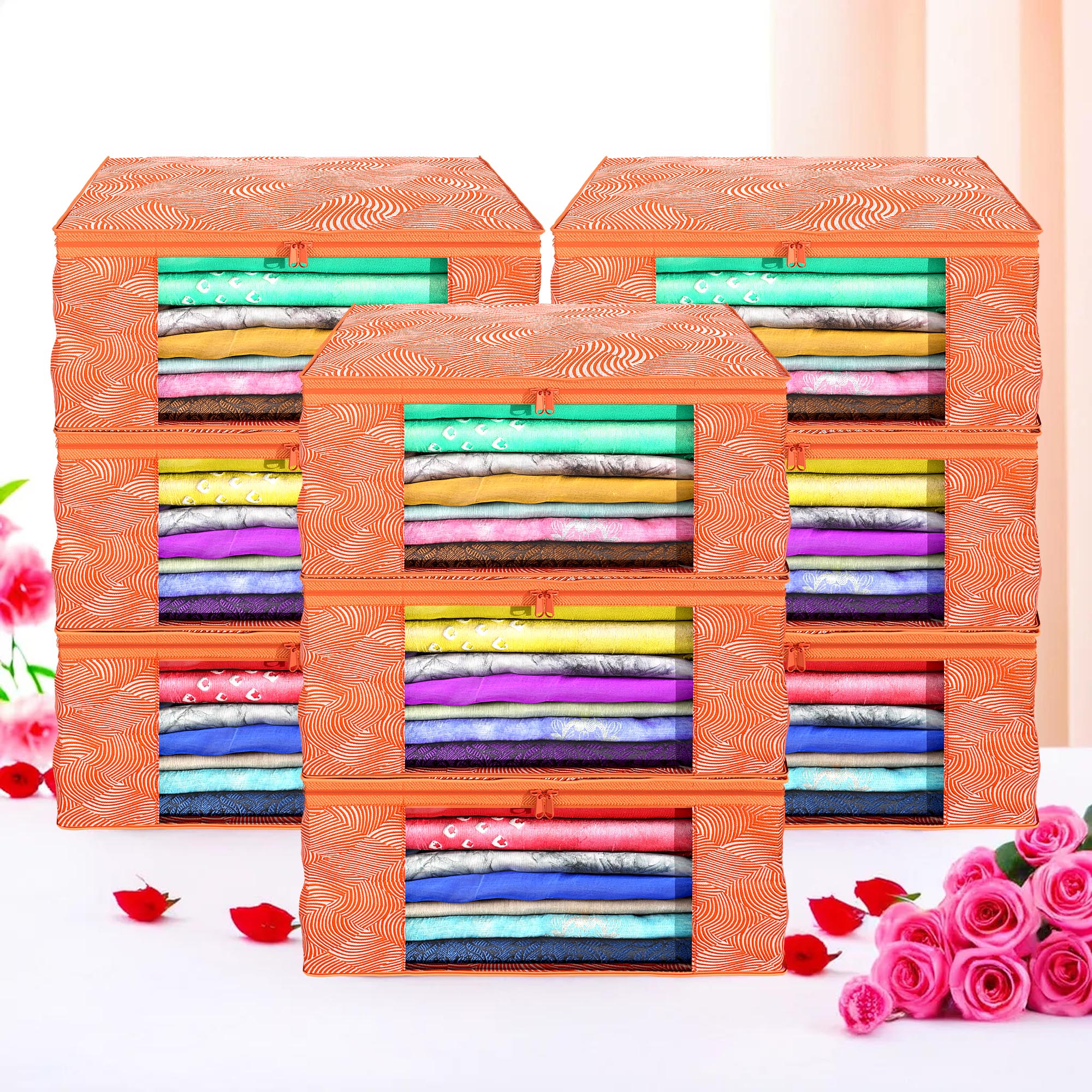 Kuber Industries Pack of 4 Saree Covers  Non-Woven Saree Bags 9 Inch Clothes Bag for Women  Foldable Storage Bag for Almirah  Wardrobe Lahariya Print Sari Cover Bags  Orange