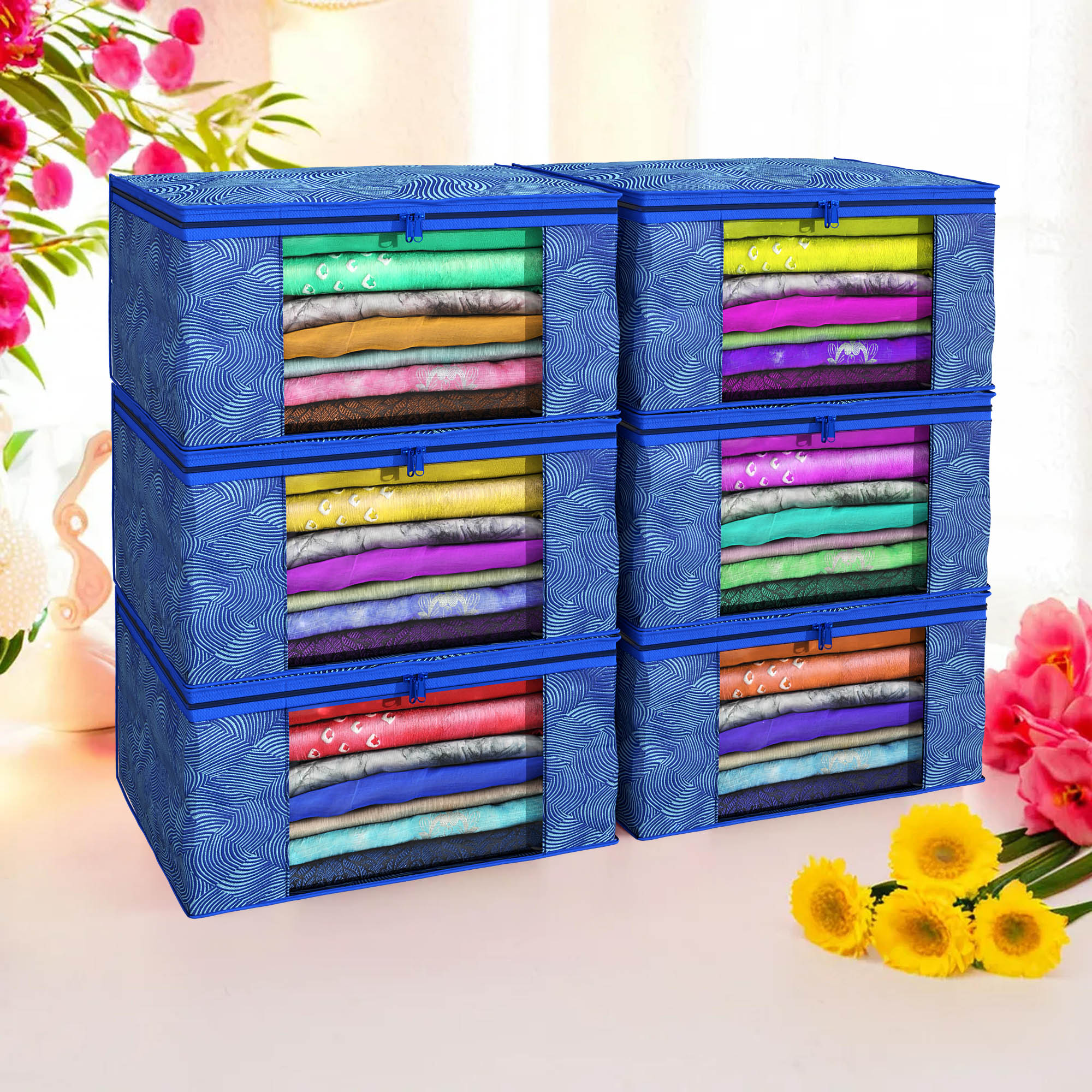 Kuber Industries Pack of 4 Saree Covers  Non-Woven Saree Bags 9 Inch Clothes Bag for Women  Foldable Storage Bag for Almirah  Wardrobe Lahariya Print Sari Cover Bags  Blue