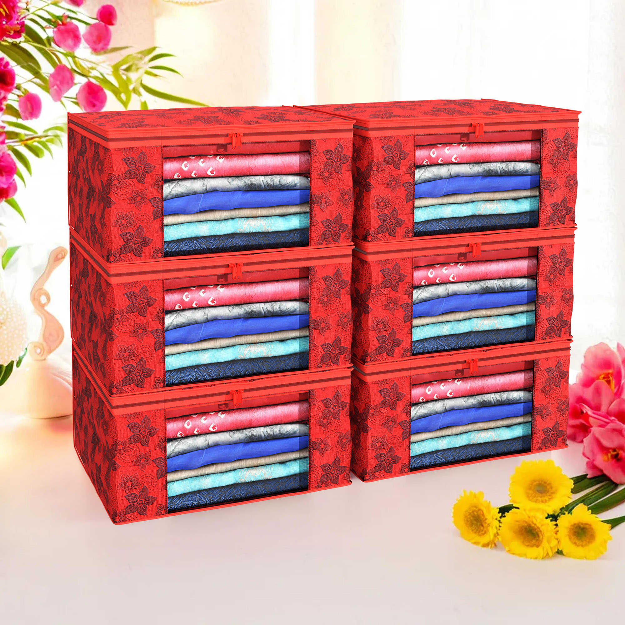 Kuber Industries Pack of 4 Saree Covers  Non-Woven Saree Bags 9 Inch Clothes Bag for Women  Foldable Storage Bag for Almirah  Wardrobe New Flower Sari Cover Bags  Red