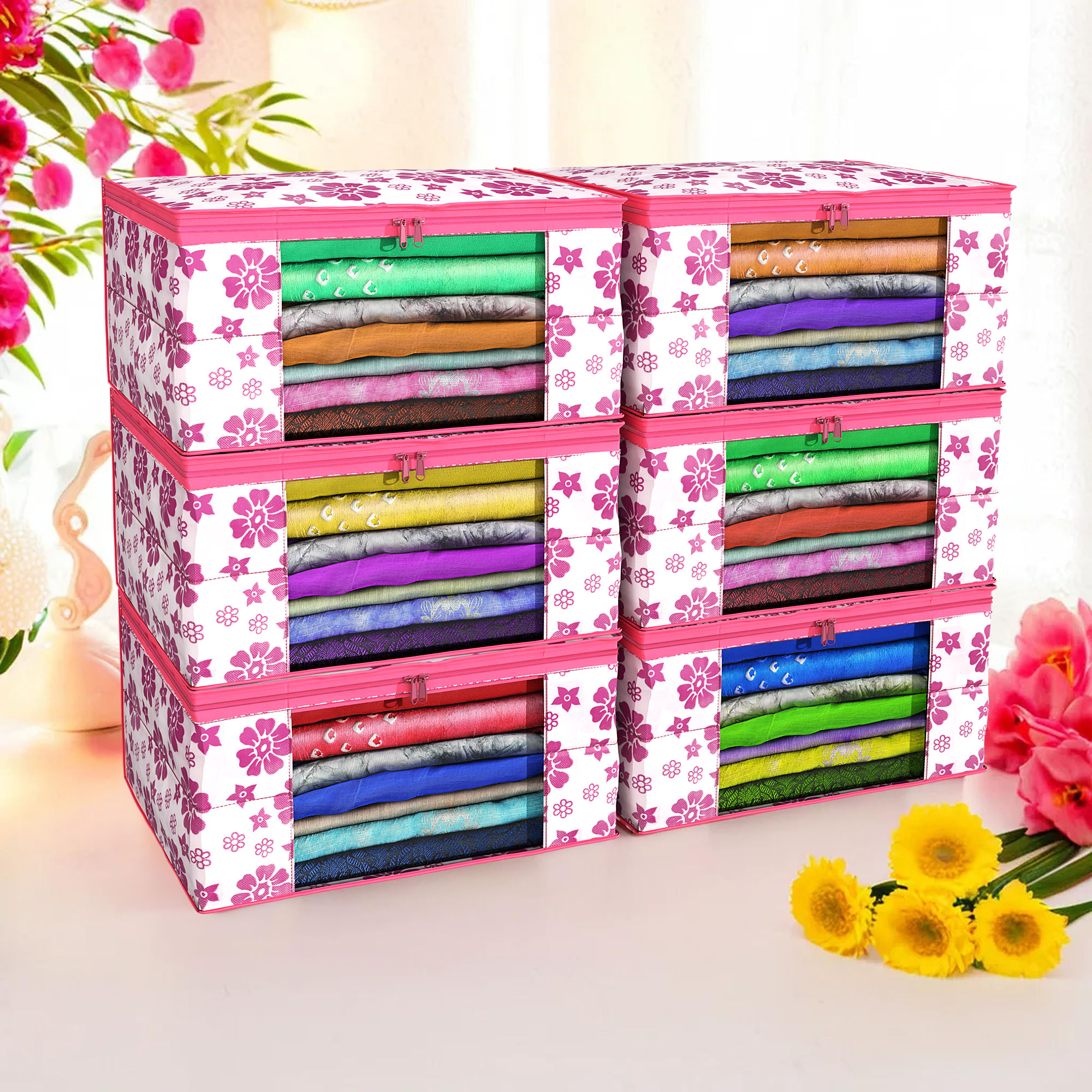 Kuber Industries Pack of 4 Saree Covers  Non-Woven Saree Bags 9 Inch Clothes Bag for Women  Foldable Storage Bag for Almirah  Wardrobe Flower Print Sari Cover Bags  Pink