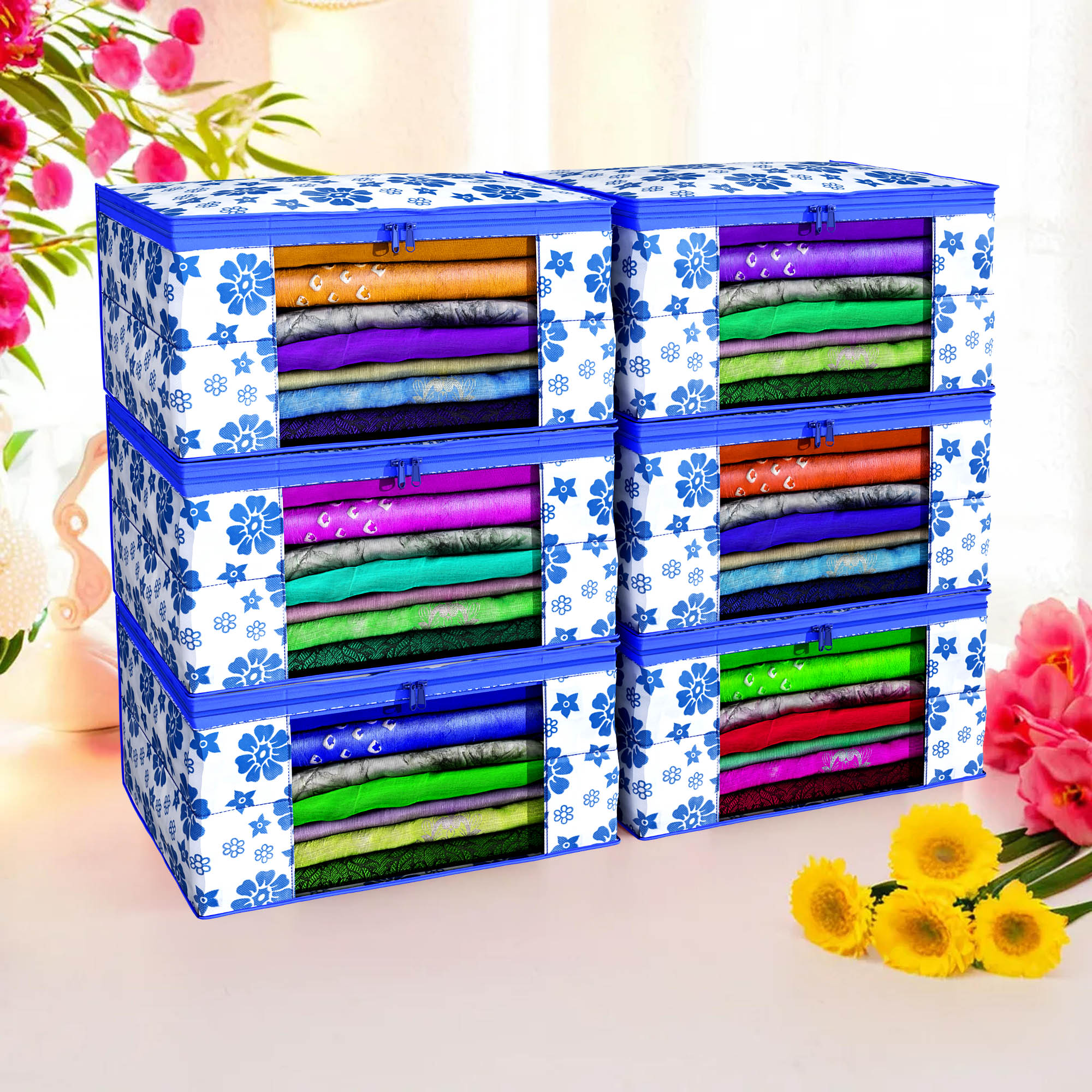 Kuber Industries Pack of 4 Saree Covers  Non-Woven Saree Bags 9 Inch Clothes Bag for Women  Foldable Storage Bag for Almirah  Wardrobe Flower Print Sari Cover Bags  Blue