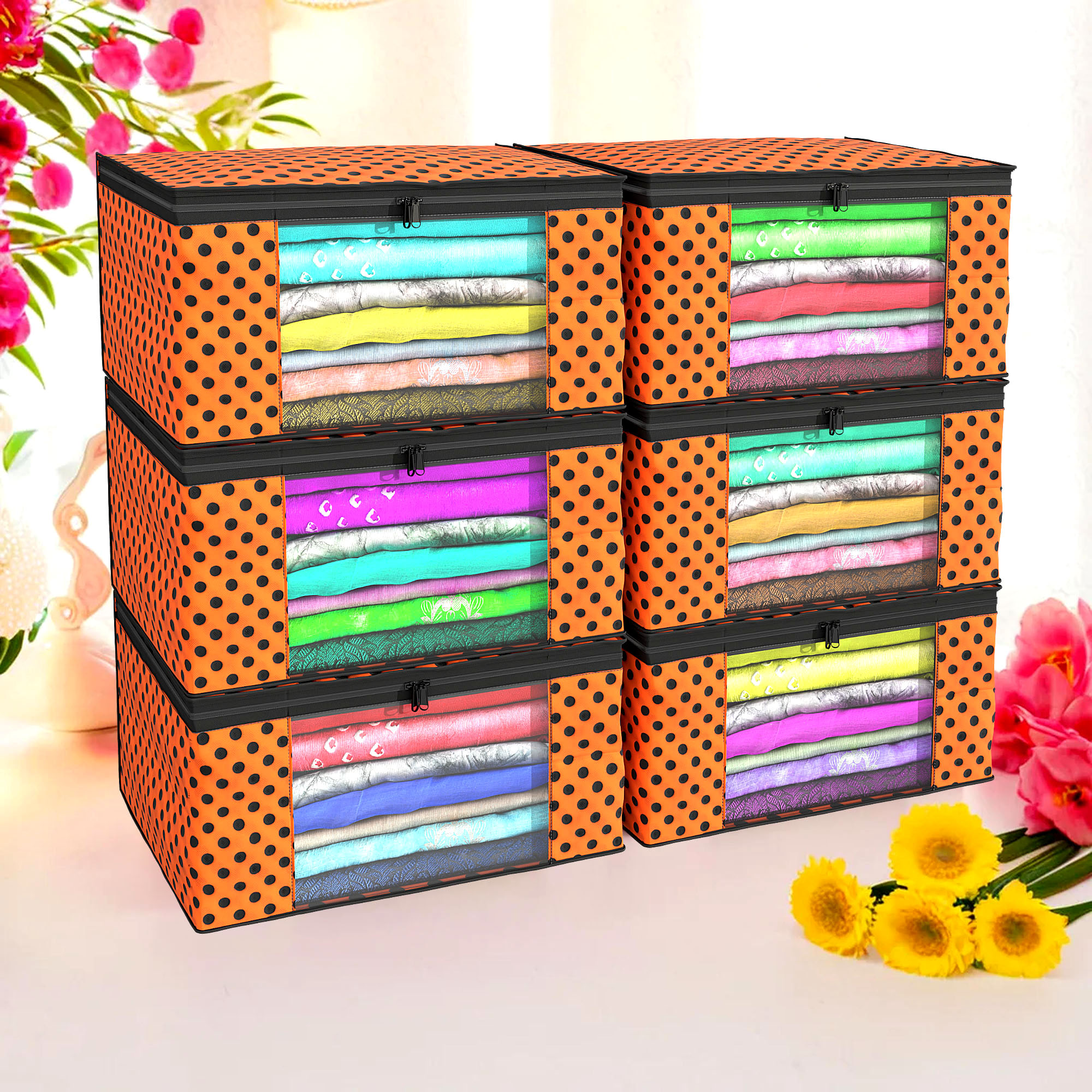 Kuber Industries Pack of 4 Saree Covers  Non-Woven Saree Bags 9 Inch Clothes Bag for Women  Foldable Storage Bag for Almirah  Wardrobe Polka Dot Sari Cover Bags  Orange