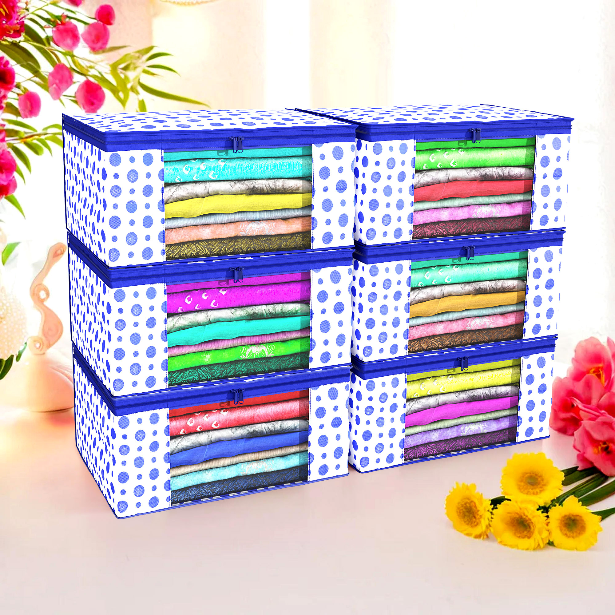 Kuber Industries Pack of 4 Saree Covers  Non-Woven Saree Bags 9 Inch Clothes Bag for Women  Foldable Storage Bag for Almirah  Wardrobe Polka Dot Sari Cover Bags  Blue