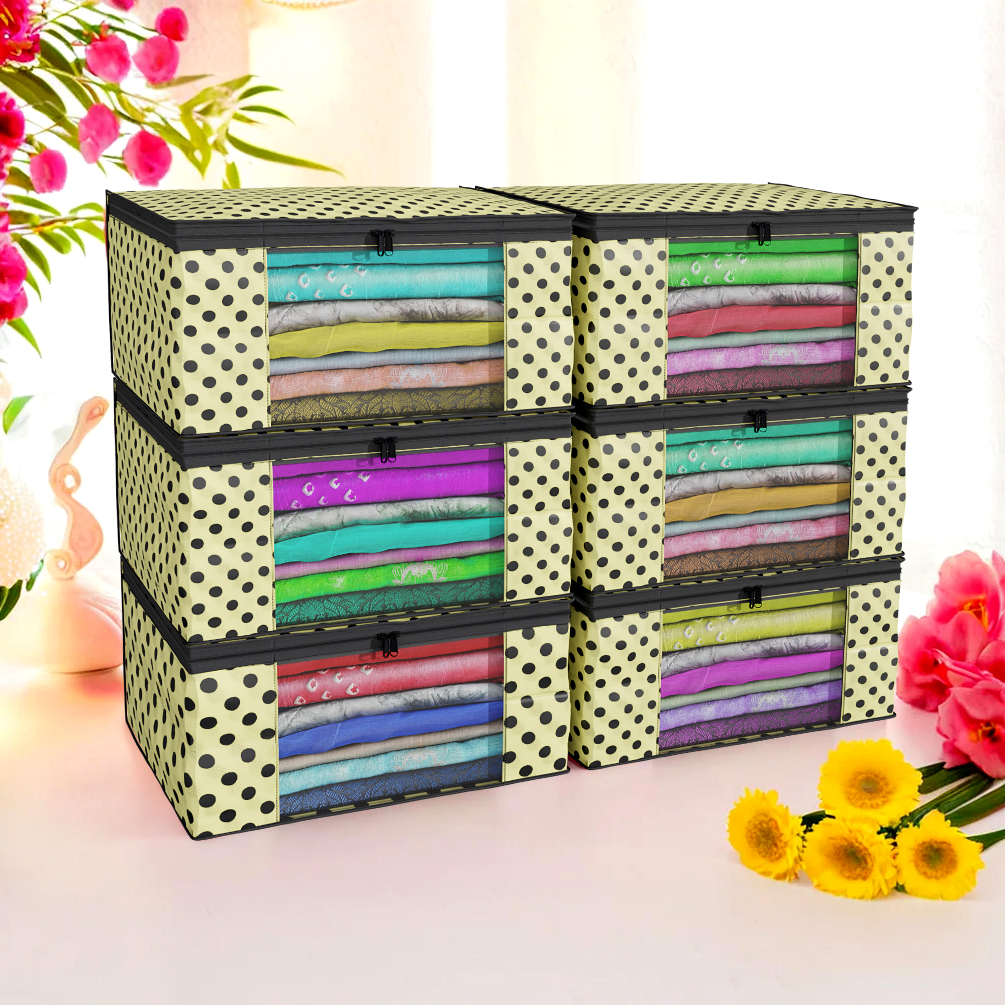 Kuber Industries Pack of 4 Saree Covers  Non-Woven Saree Bags 9 Inch Clothes Bag for Women  Foldable Storage Bag for Almirah  Wardrobe Polka Dot Sari Cover Bags  Cream