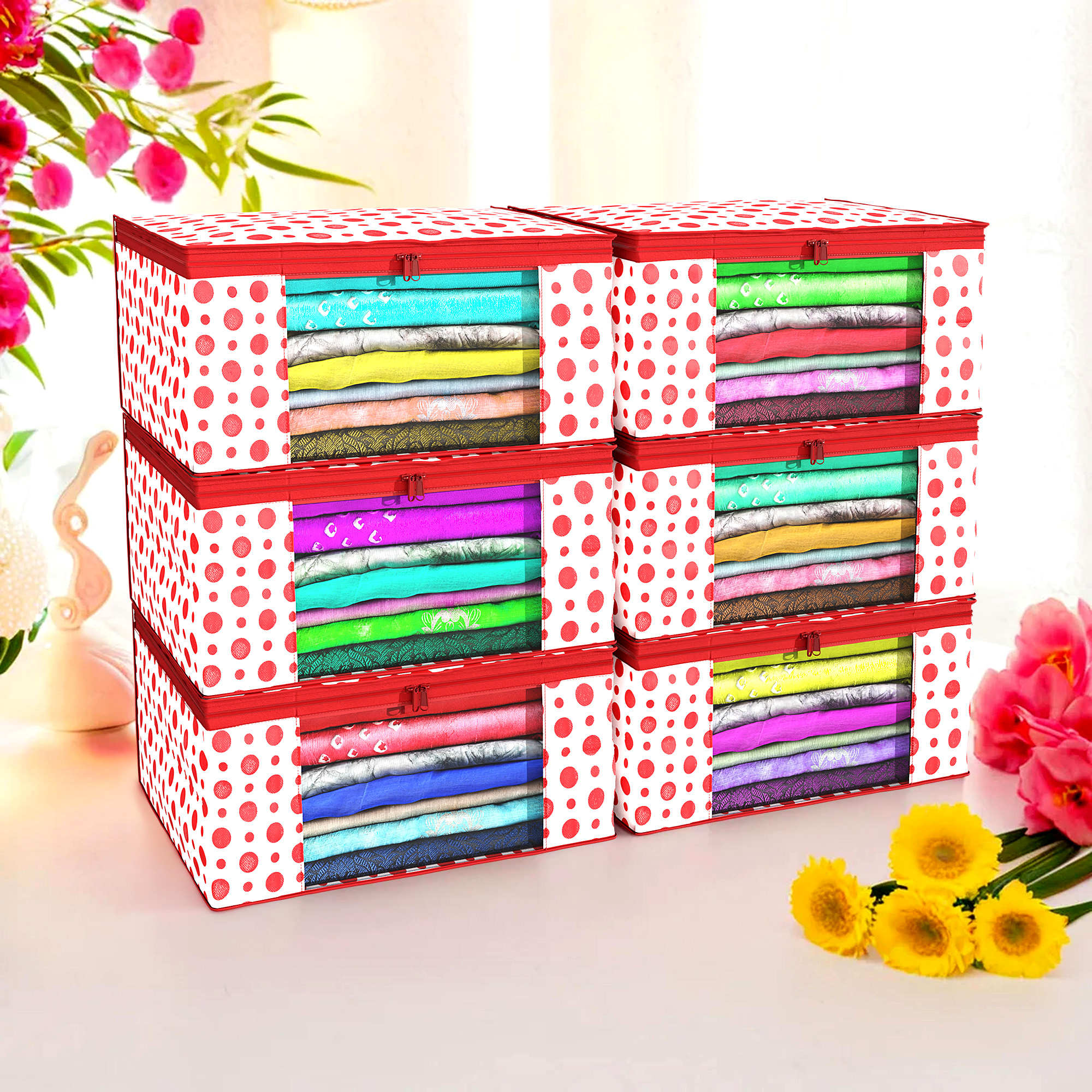 Kuber Industries Pack of 4 Saree Covers  Non-Woven Saree Bags 9 Inch Clothes Bag for Women  Foldable Storage Bag for Almirah  Wardrobe Polka Dot Sari Cover Bags  Red