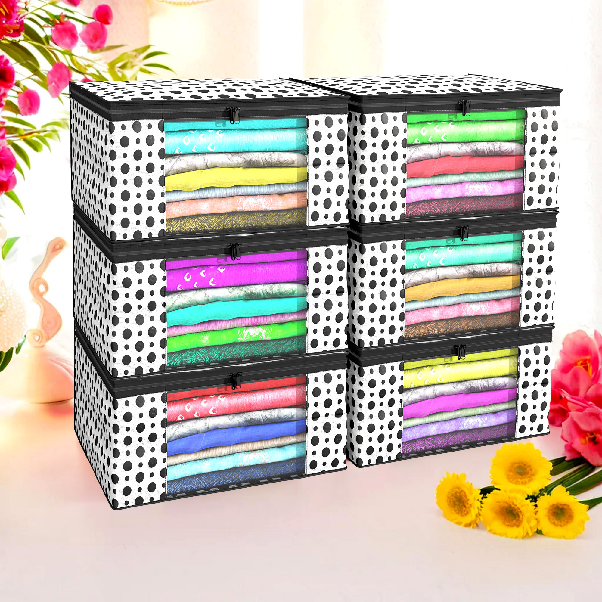Kuber Industries Pack of 4 Saree Covers  Non-Woven Saree Bags 9 Inch Clothes Bag for Women  Foldable Storage Bag for Almirah  Wardrobe Polka Dot Sari Cover Bags  White