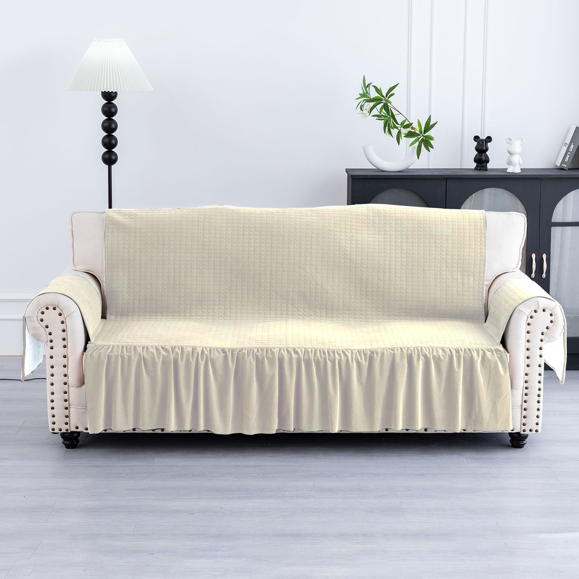 Kuber Industries  Soft Velvet Full Sofa Cover with Pocket Arms  Easy to Clean  Maintain Sofa SlipcoverCouch Protector Cloth with Sofa Hand Rest Cover for Living Room  Cream