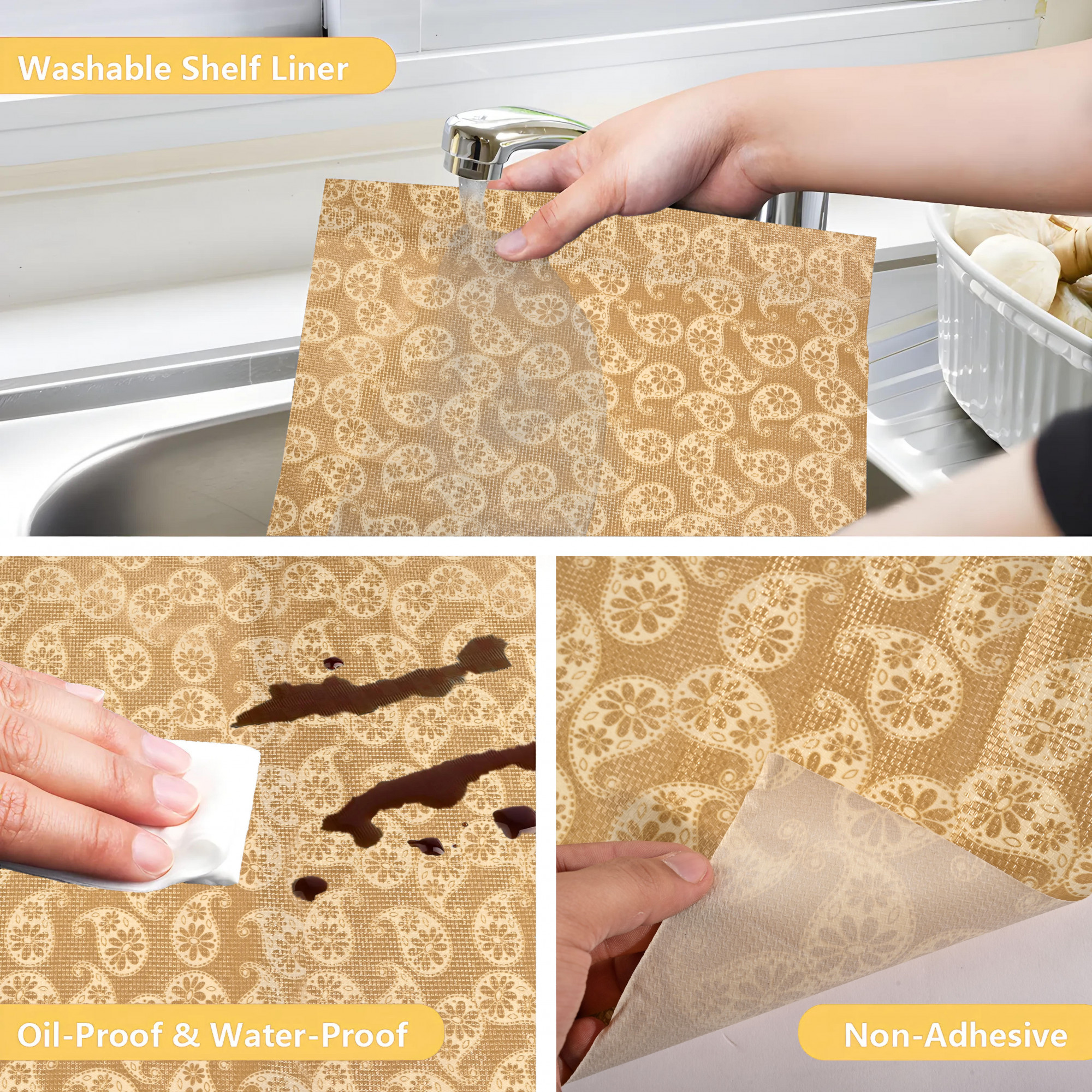 Kuber Industries 10 Meters Waterproof  Durable Kitchen Mats for Shelf Liner Roll  Wipeable Fridge Sheets for Shelves Cabinet Drawer  Kerry Print - Cream