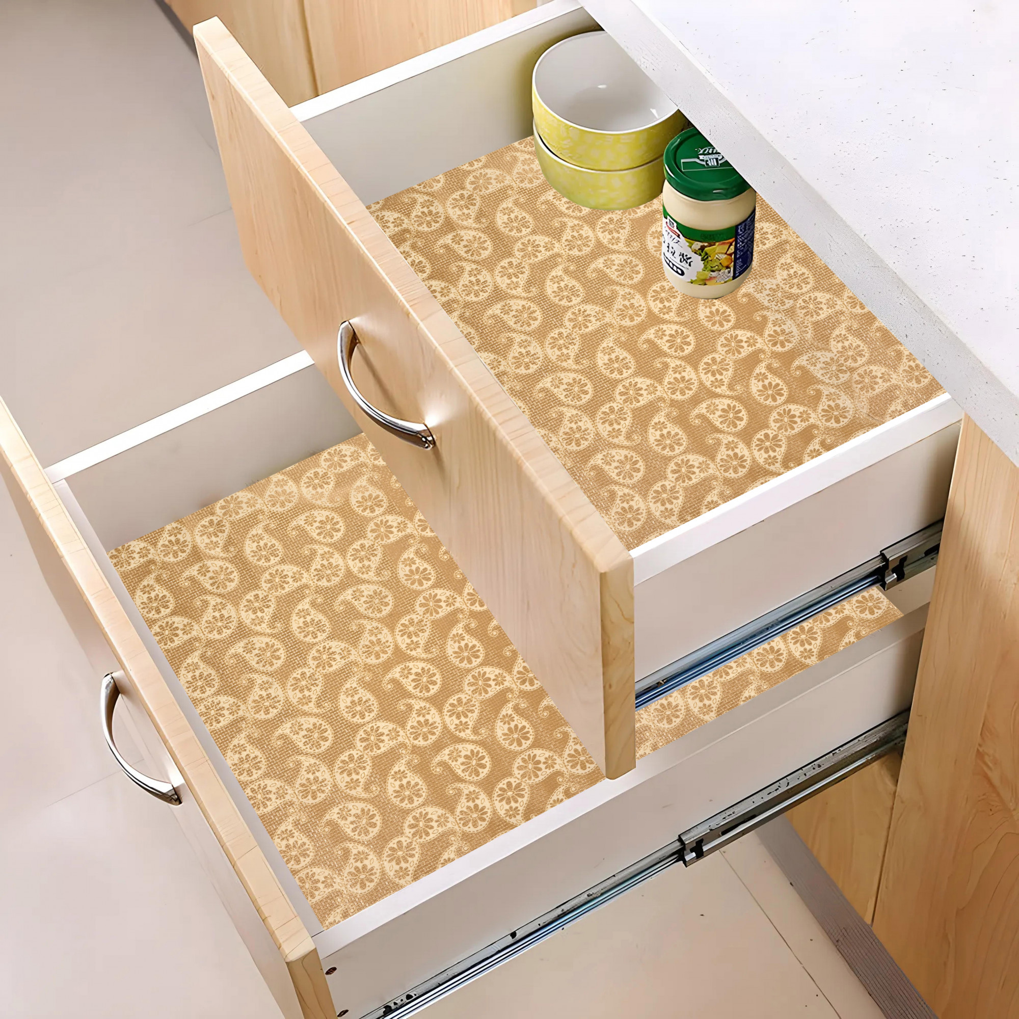 Kuber Industries 10 Meters Waterproof  Durable Kitchen Mats for Shelf Liner Roll  Wipeable Fridge Sheets for Shelves Cabinet Drawer  Kerry Print - Cream