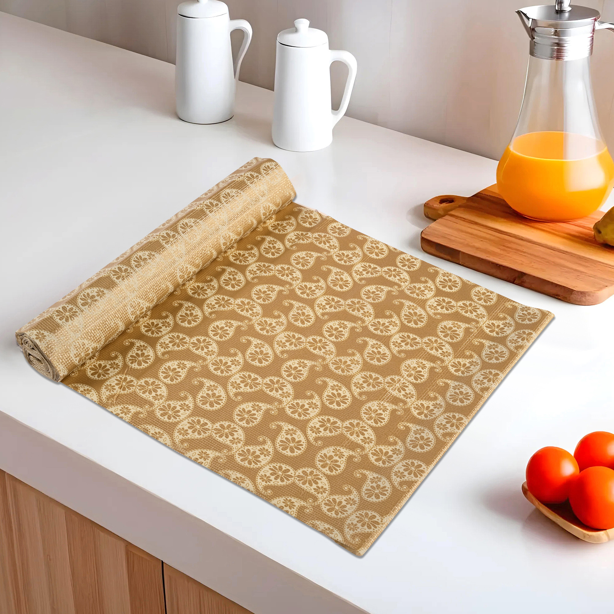 Kuber Industries 10 Meters Waterproof  Durable Kitchen Mats for Shelf Liner Roll  Wipeable Fridge Sheets for Shelves Cabinet Drawer  Kerry Print - Cream