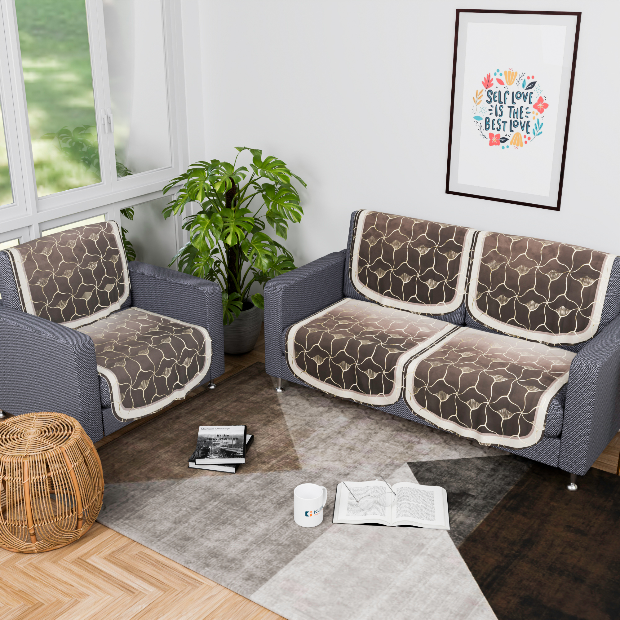 Kuber Industries  Durable  Sofa Cover for Living Room  Easy Machine Washable Sofe ke cover for Protection  Comfort for Home Furniture  Arabica Look - Brown  Golden Foil