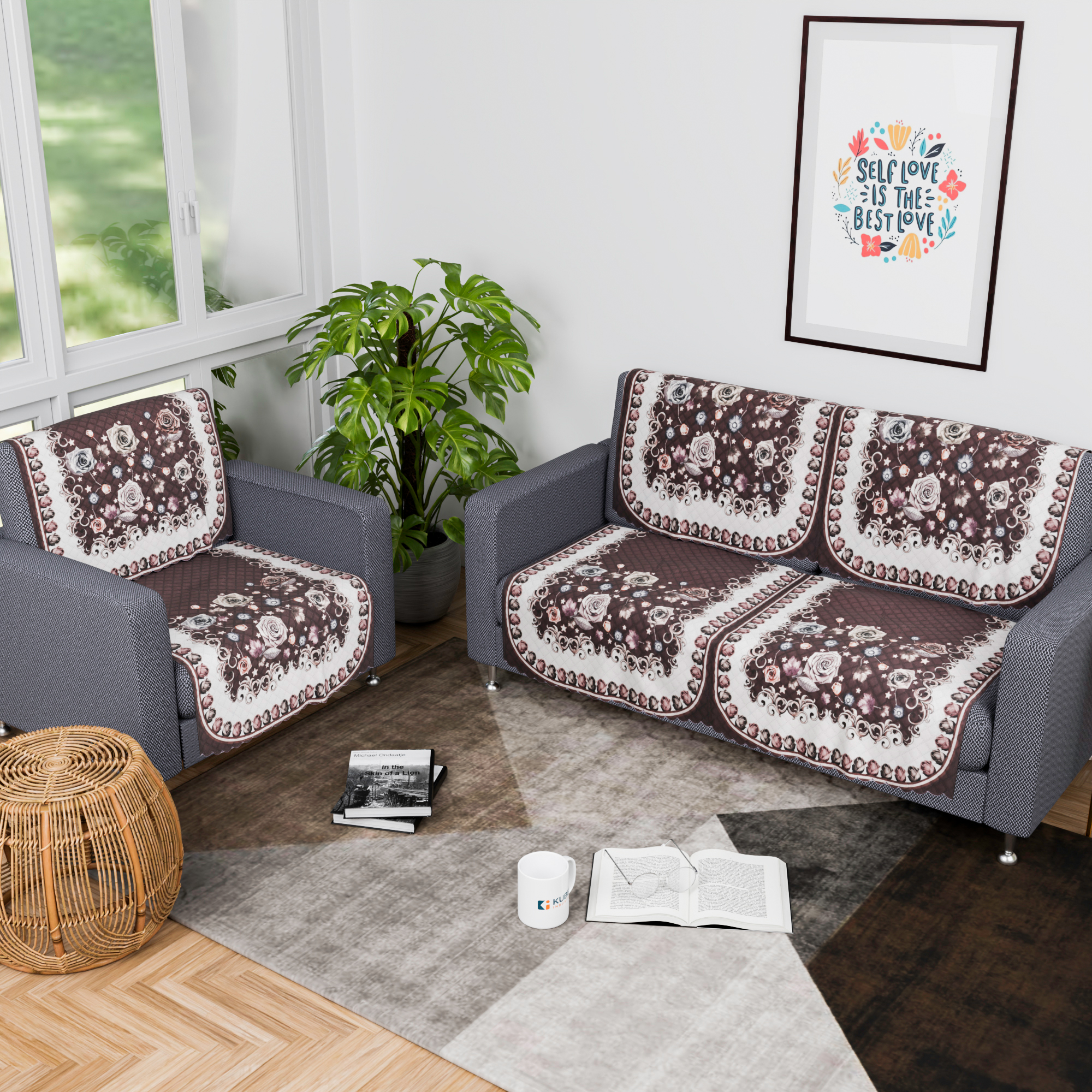 Kuber Industries  Durable  Sofa Covers for Living Room  Easy Machine Washable Sofe ke cover for Protection  Comfort for Home Furniture  Gulab - White Brown