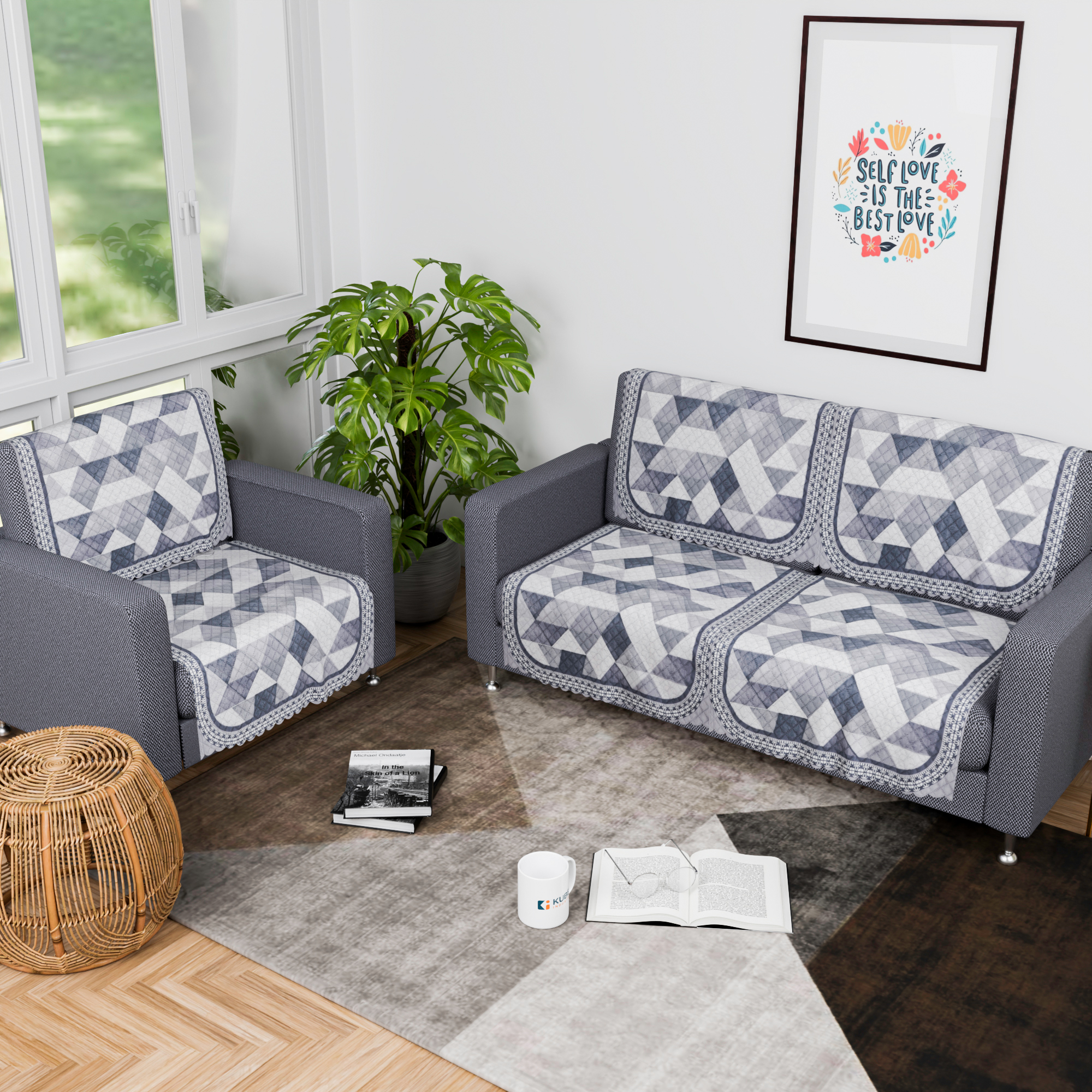 Kuber Industries  Durable  Sofa Covers for Living Room  Sofe ke cover for Protection  Comfort for Home Furniture  Triangular Ultra Sonic BMW-White Grey