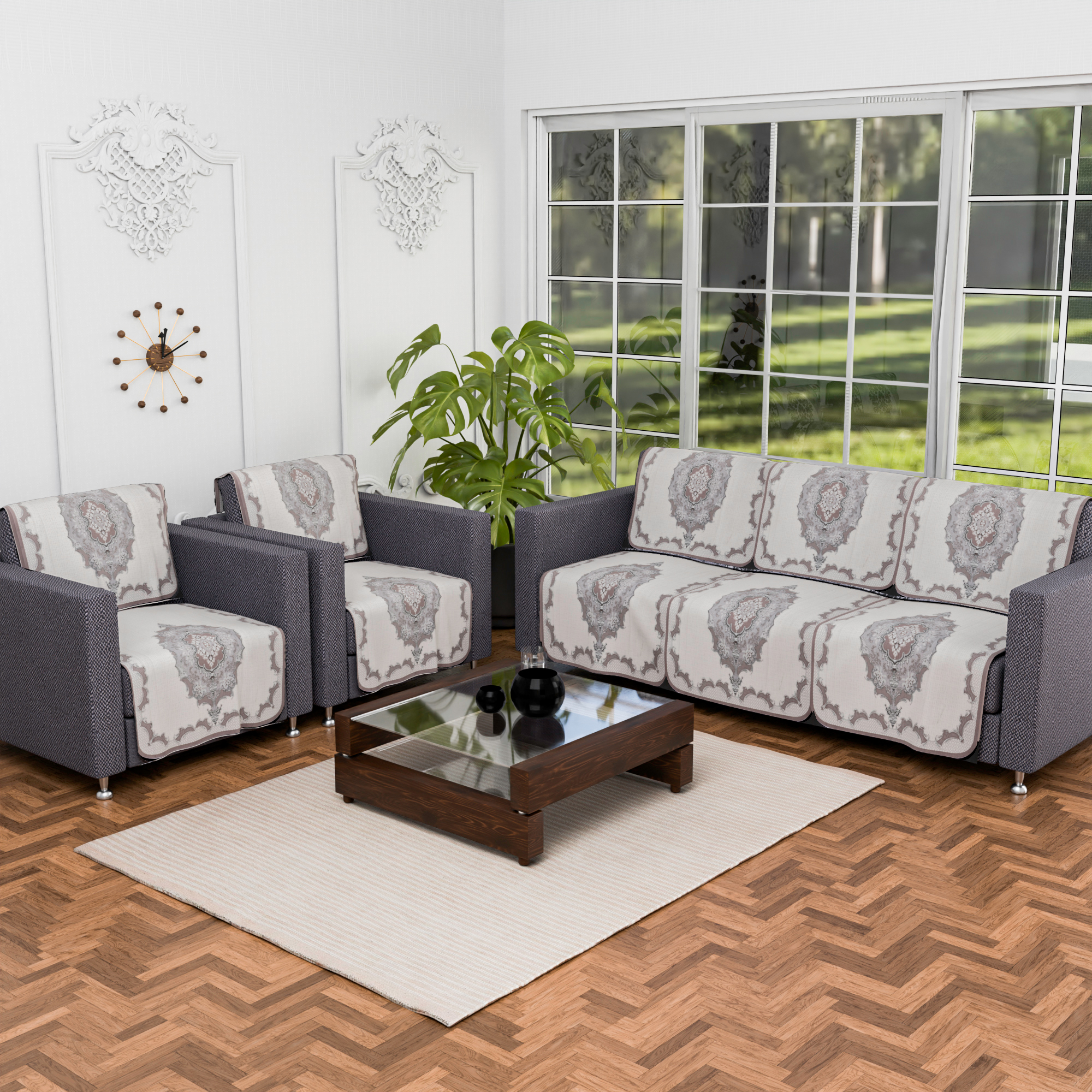 Kuber Industries  Aesthetic  Sofa Covers for Living Room  Non-Slip Machine Washable  Removable Furniture Protector Slipcovers  Rangoli - Cream  Brown