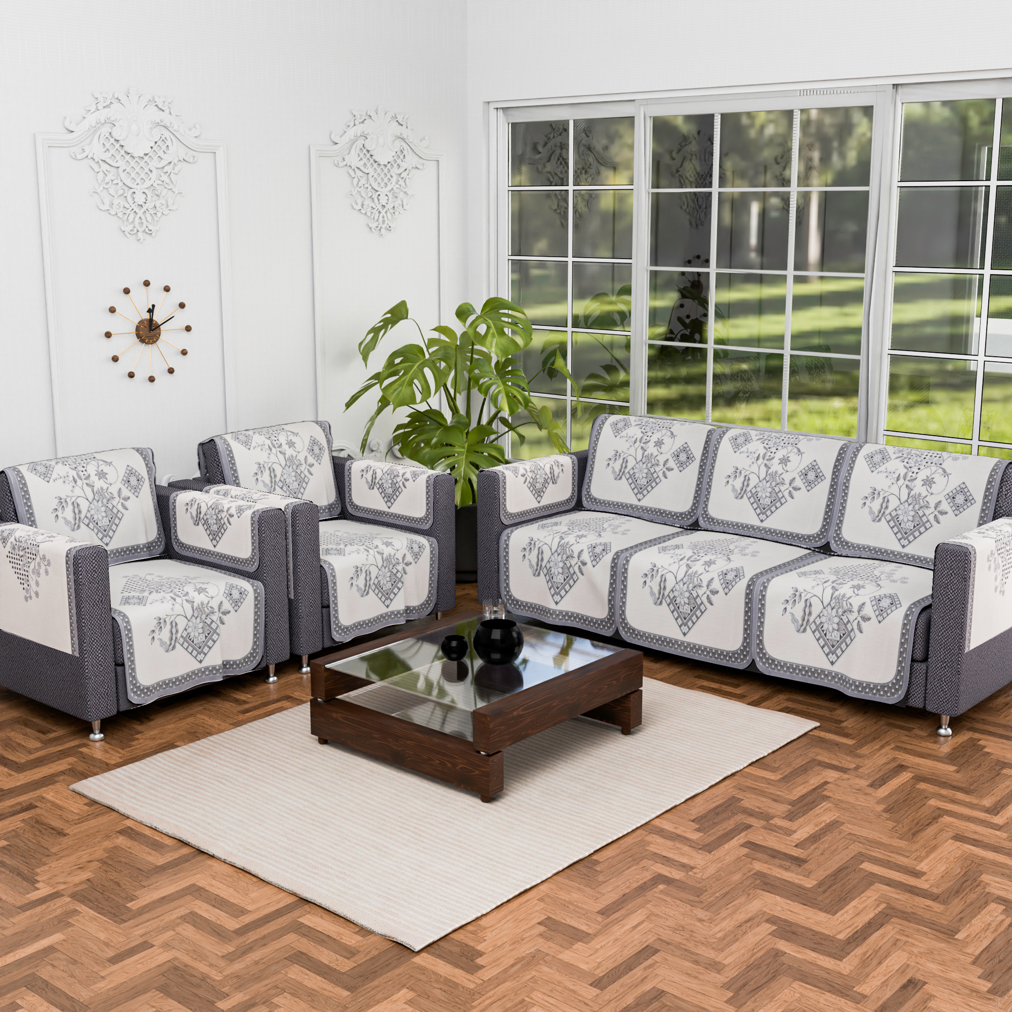 Kuber Industries  Aesthetic  Sofa Covers for Living Room  Non-Slip Machine Washable  Removable Furniture Protector Slipcovers  Chokdi - Cream  Grey