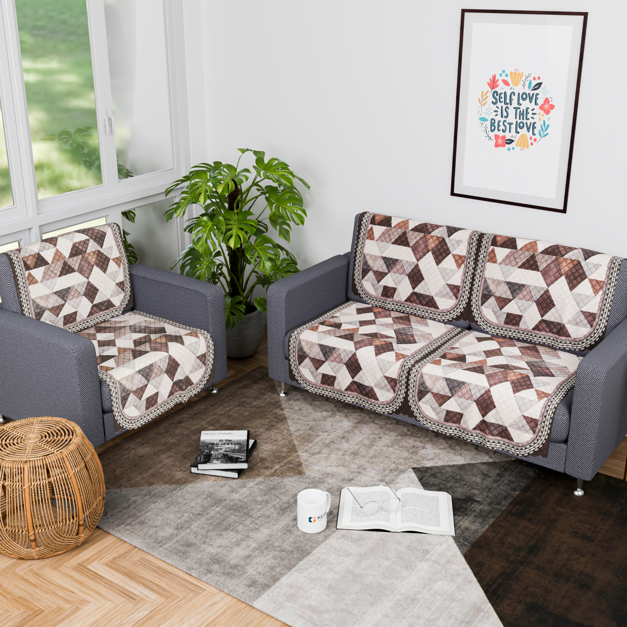 Kuber Industries  Durable  Sofa Cover for Living Room  Easy Machine Washable Sofe ke cover for Protection  Comfort for Home Furniture  Triangle Print - White  Brown