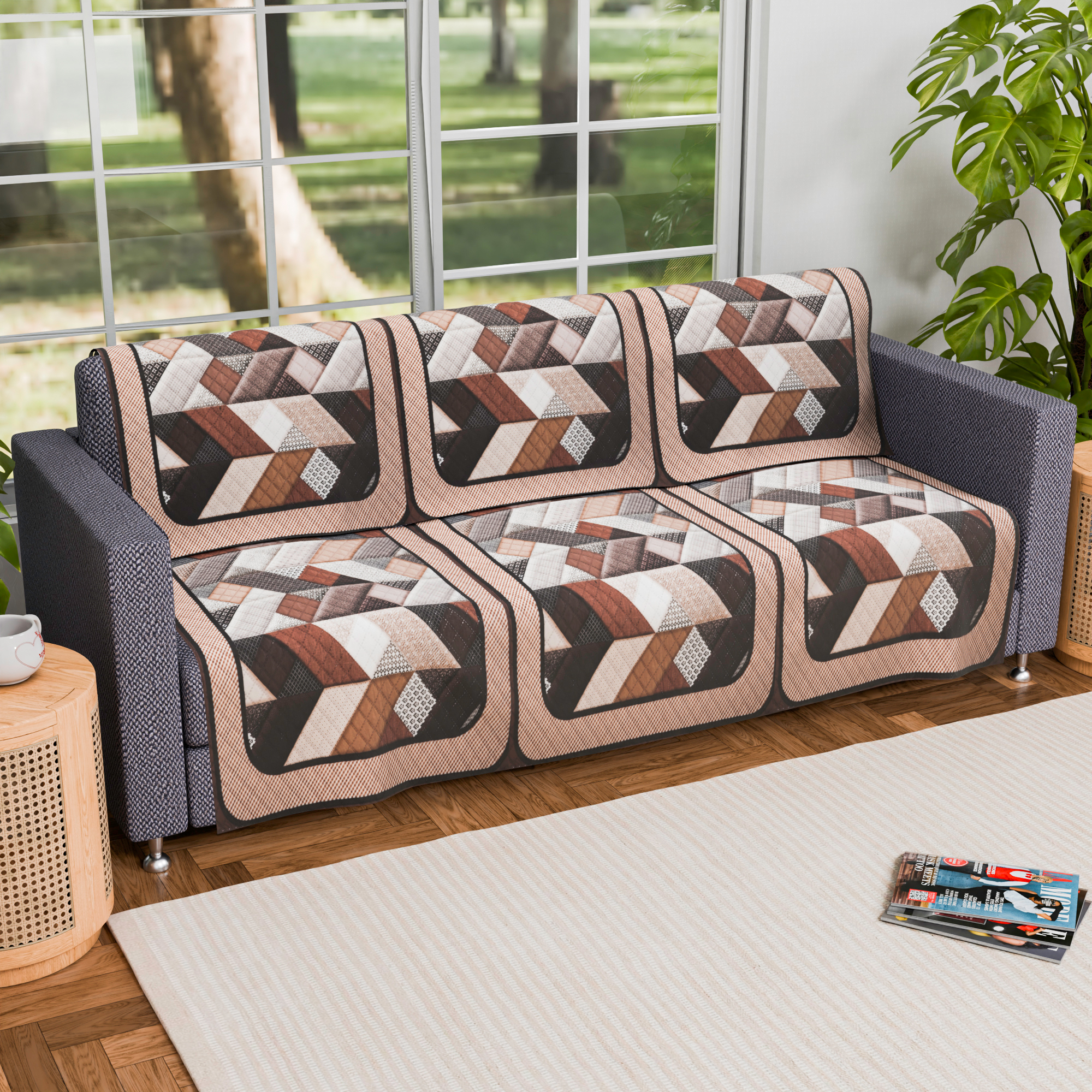 Kuber Industries  Durable  Sofa Cover for Living Room  Easy Machine Washable Sofe ke cover for Protection  Comfort for Home Furniture  Triangle Print - White  Brown