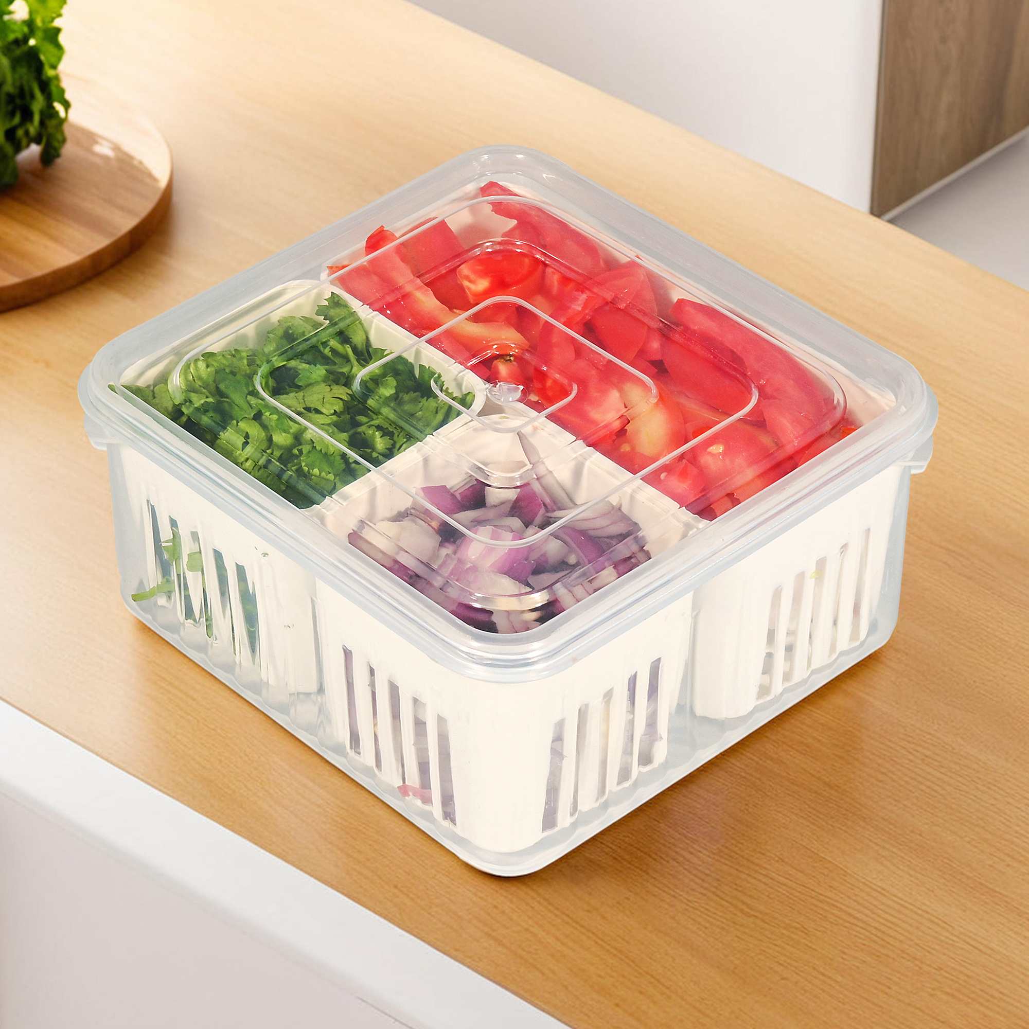 Kuber Industries 3 Piece Fridge Organizers Storage Box Set  Chopped Vegetable  Grocery Container For Refrigerators  Drawer  Kitchen Accessories Items Box  Transparent White