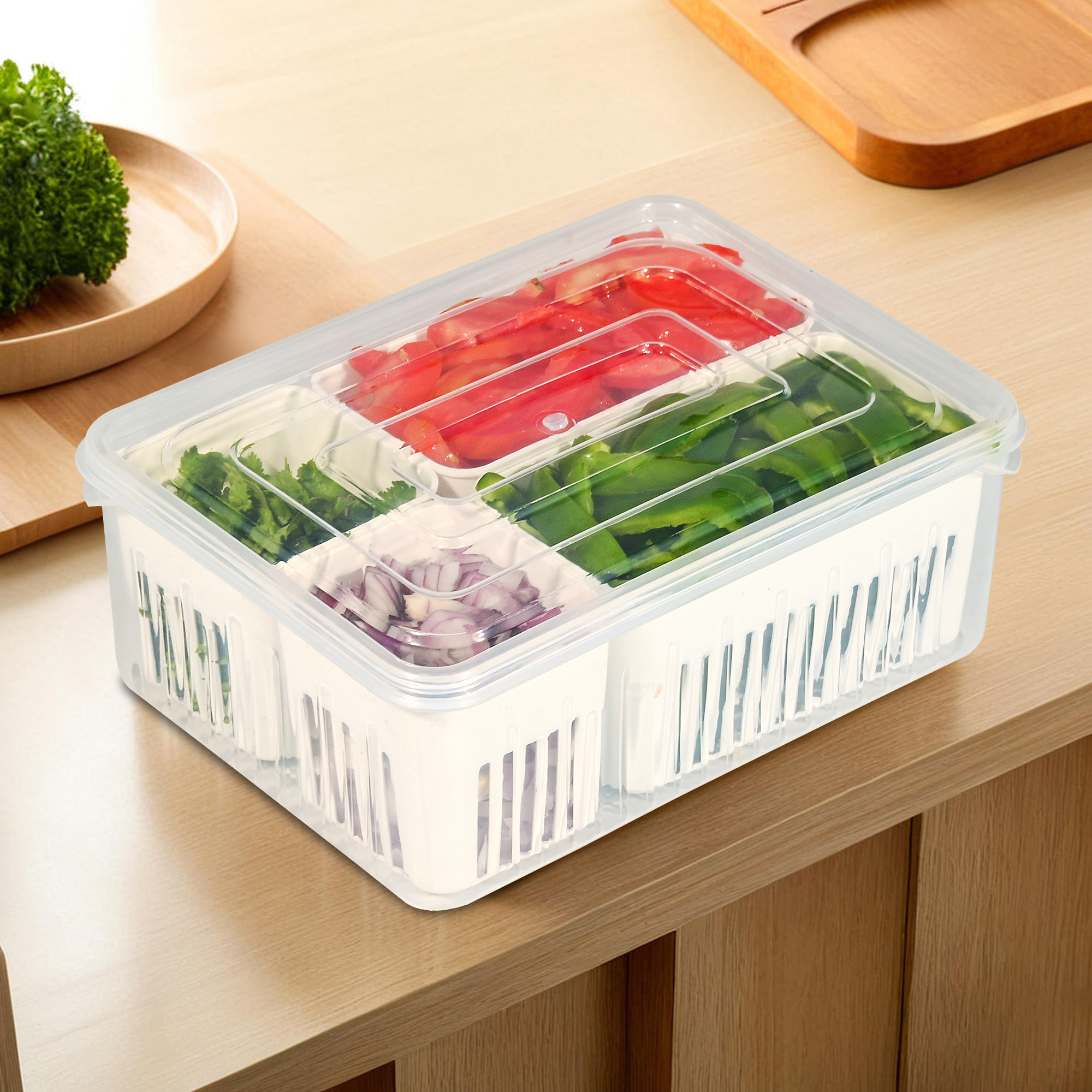 Kuber Industries 4 Piece Fridge Organizers Storage Box Set  Chopped Vegetable  Grocery Container For Refrigerators  Drawer  Kitchen Accessories Items Box  Transparent White