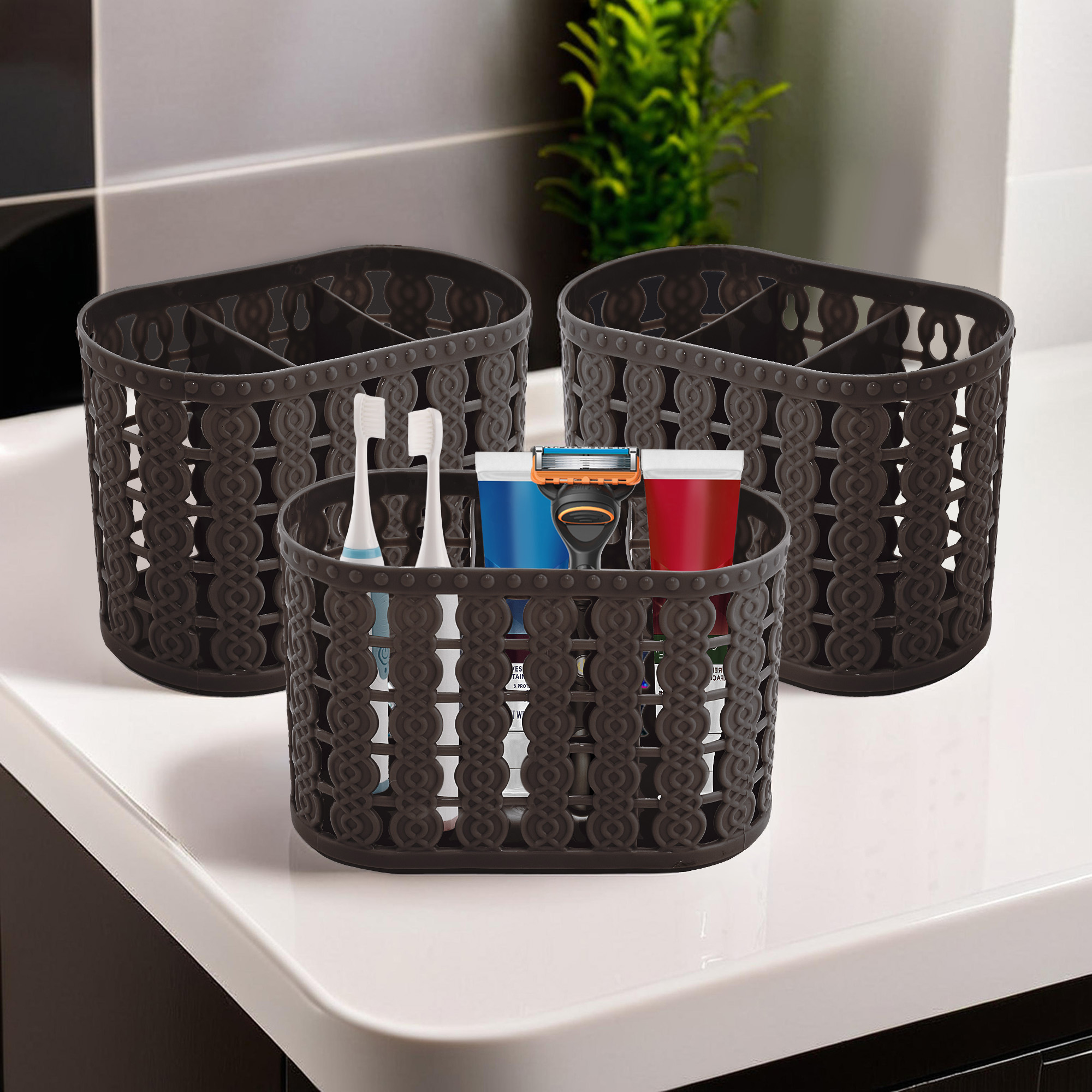 Kuber Industries  Hanging  Wall Mounted 5 Compartment Tooth Brush Organiser  Shaving Kit  Kitchens Cutlery Stand  MakeupSkincare Organizer  Comb Holder for Dressing Table  Brown