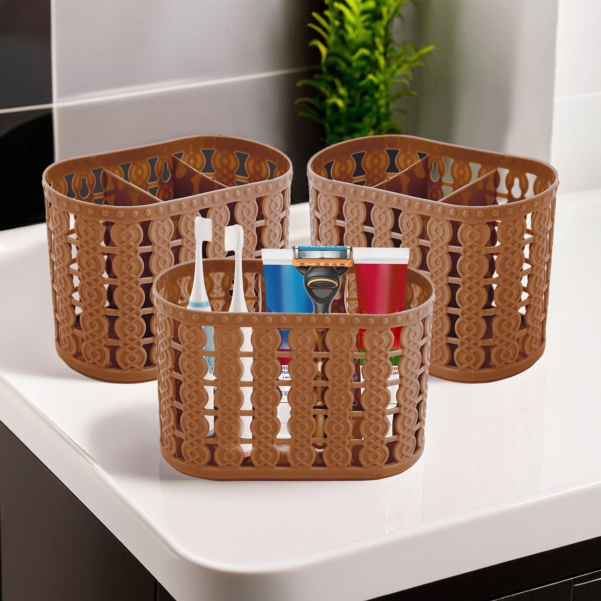 Kuber Industries  Hanging  Wall Mounted 4 Compartment Tooth Brush Organiser  Shaving Kit  Kitchens Cutlery Stand  Make-upSkincare Organizer  Comb Holder for Dressing Table  Beige