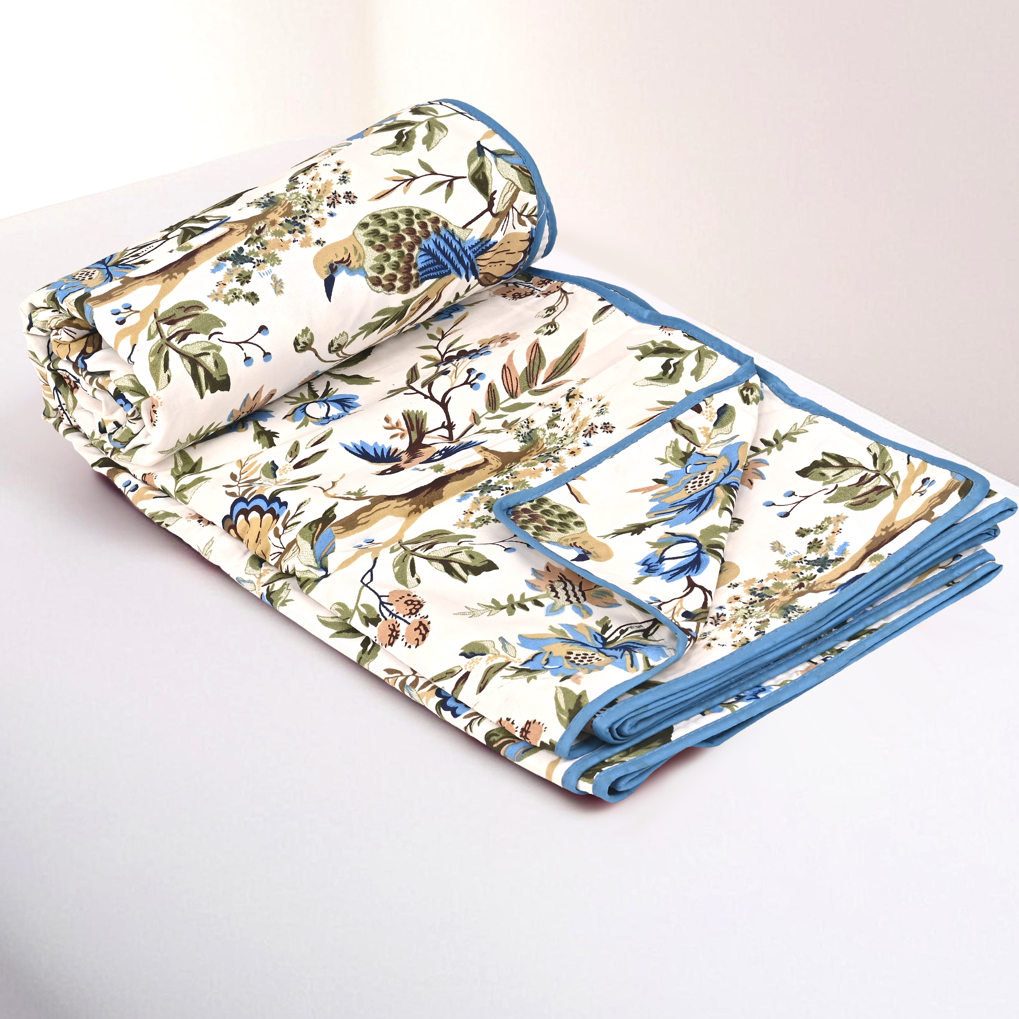 Kuber Industries Dohar Double Bed Cotton AC Blanket for Summer  Lightweight Comforter Winter Rajai Bird Print Dohar - Blue  White