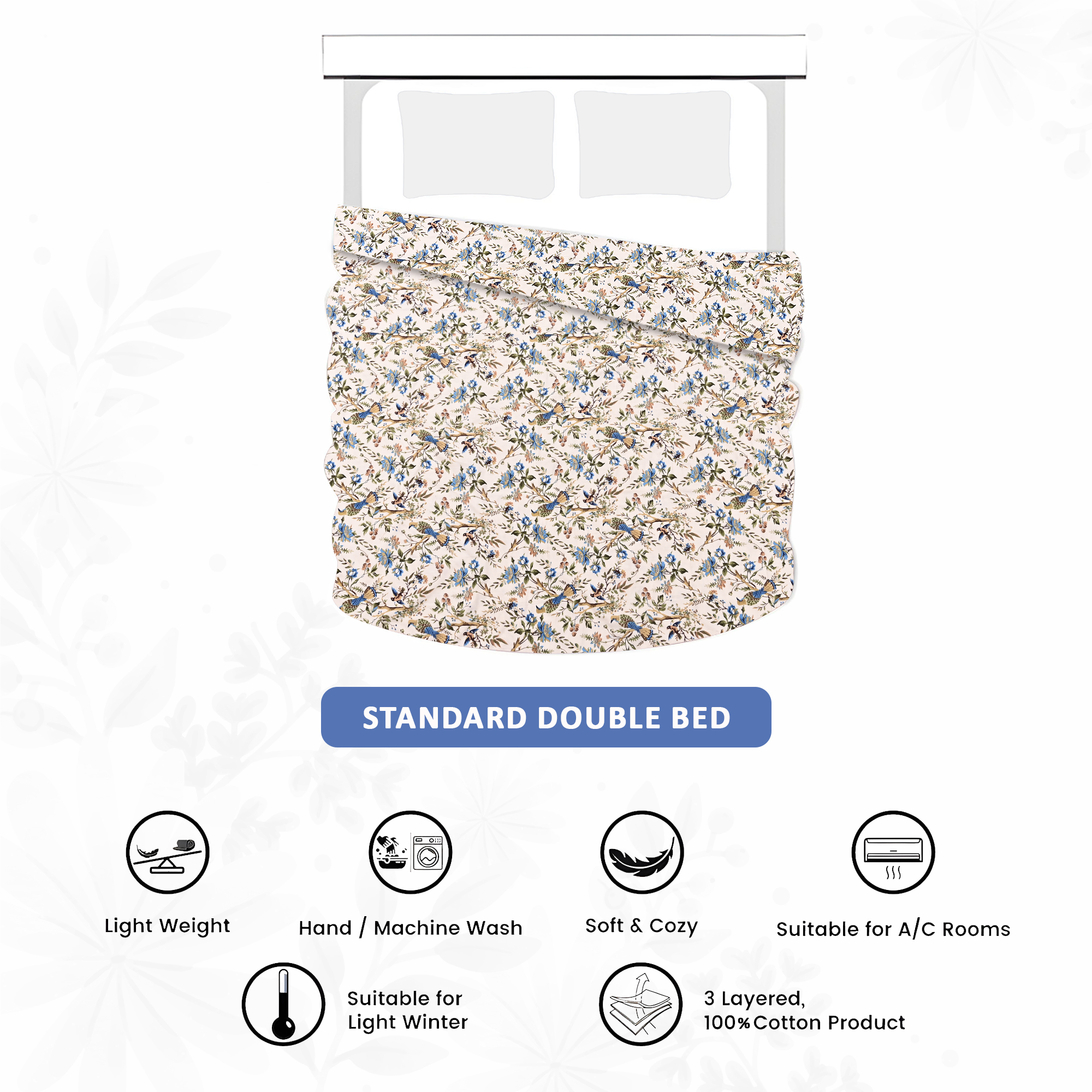 Kuber Industries Dohar Double Bed Cotton AC Blanket for Summer  Lightweight Comforter Winter Rajai Bird Print Dohar - Blue  White