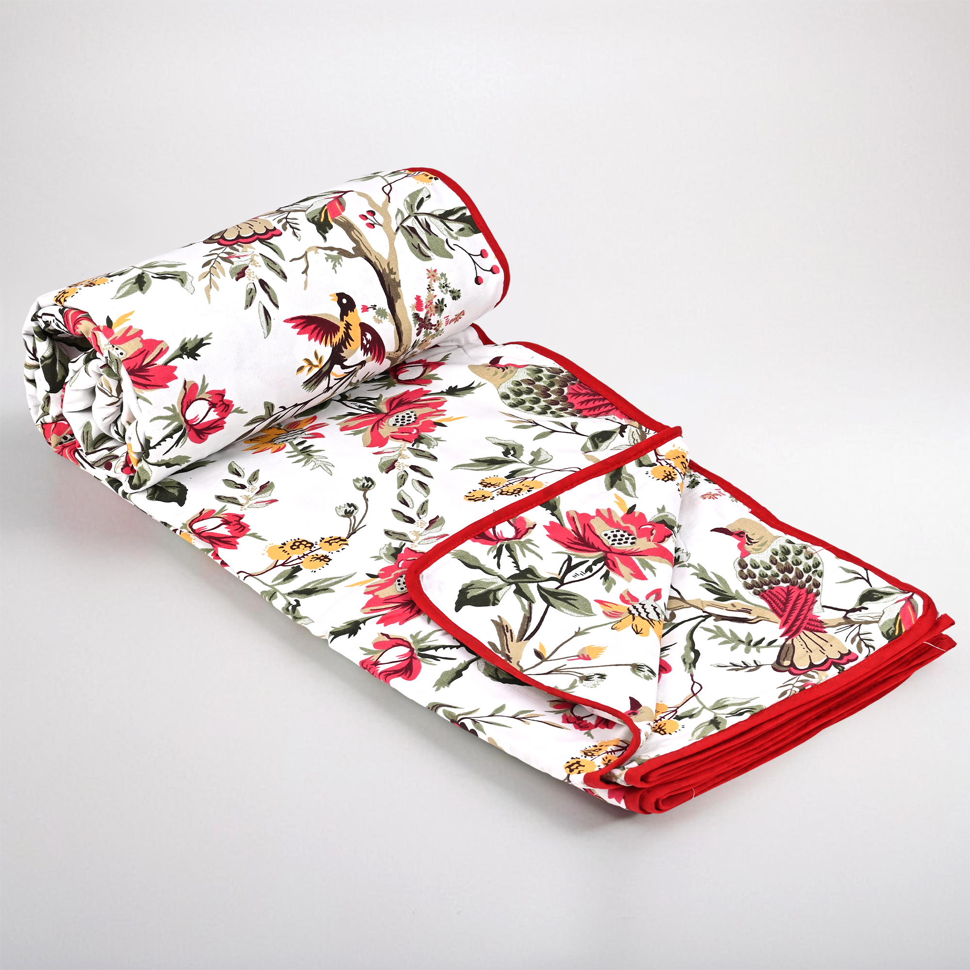 Kuber Industries Dohar Double Bed Cotton AC Blanket for Summer  Lightweight Comforter Winter Rajai Red Bird Print Dohar - White  Red