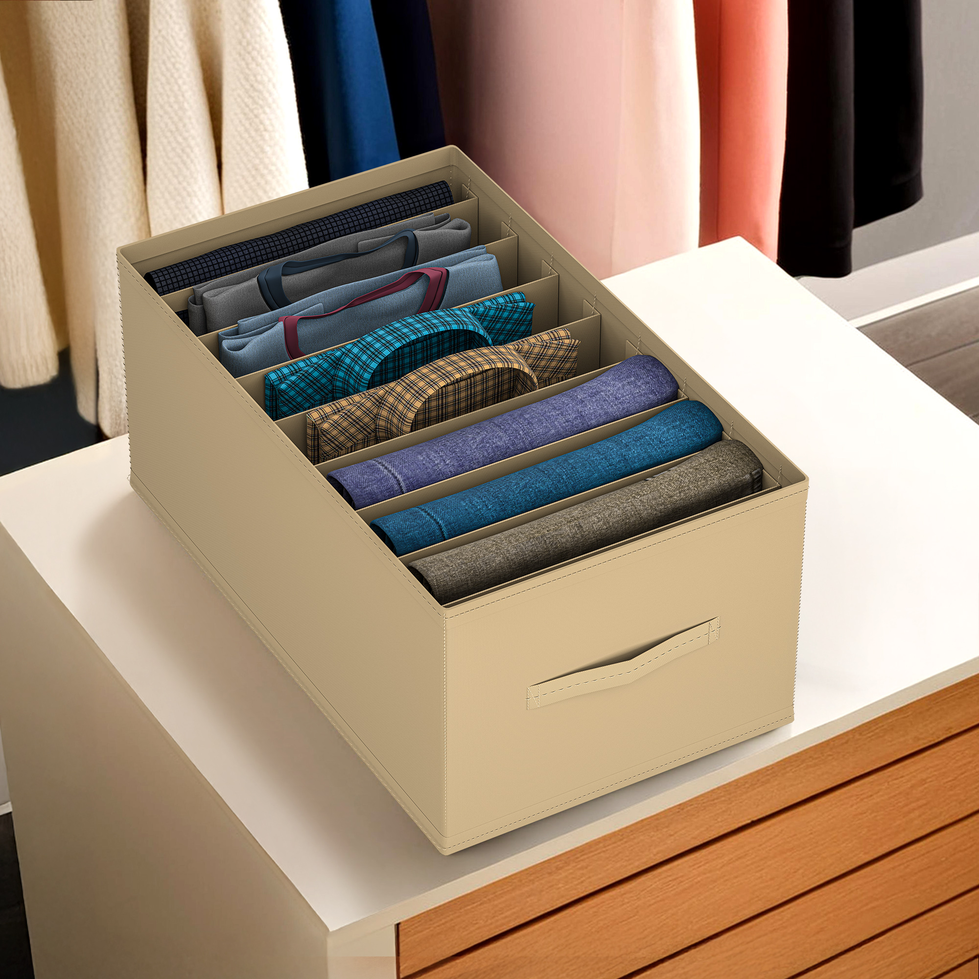 Kuber Industries Wardrobe Organizer  9 Grid Trouser Box  Jeans Bra Panty-Socks Storage Organizer  Folding Closet Organizer  Dress Drawer Organizer  Plain  Large  Brown