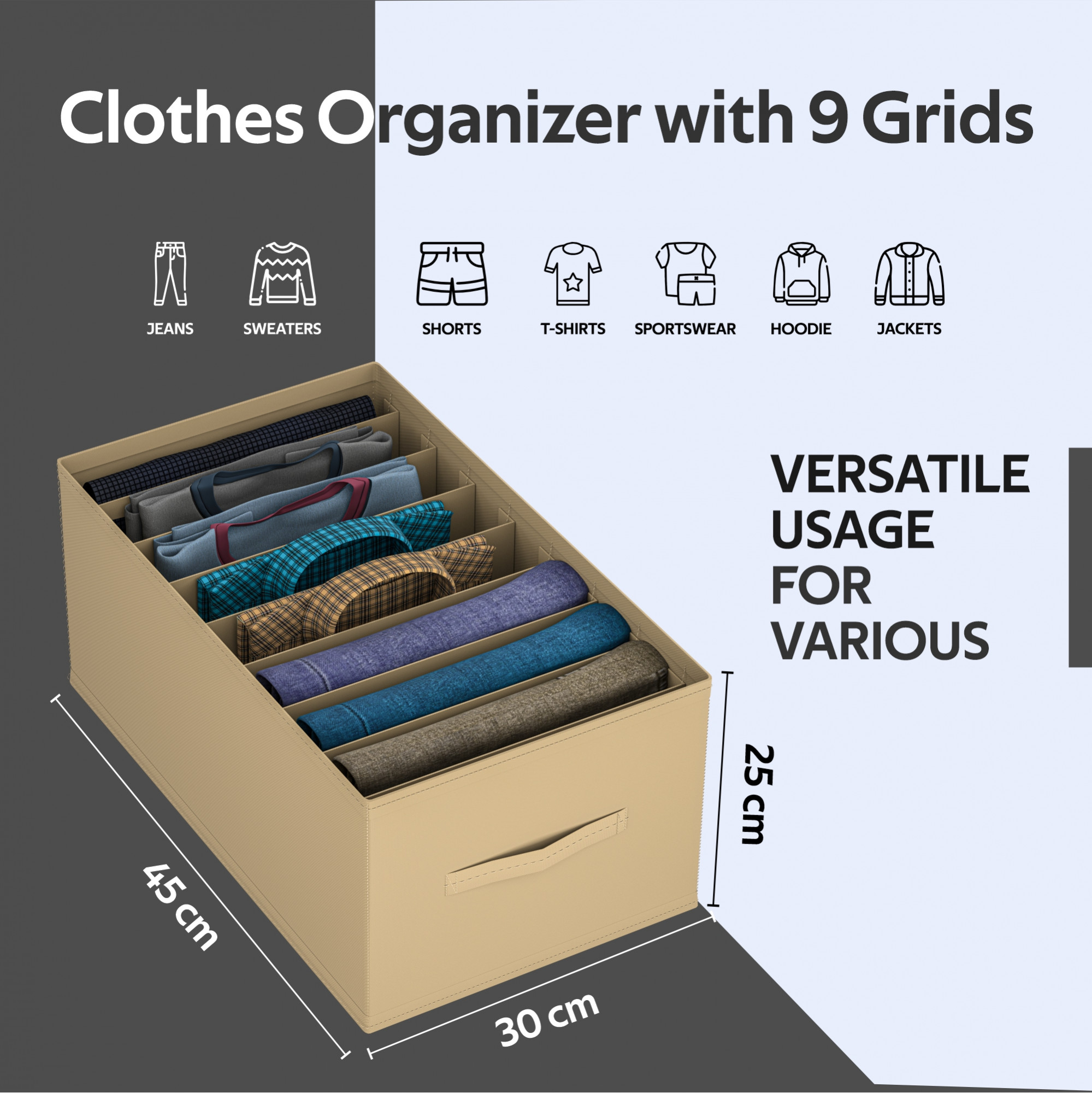 Kuber Industries Wardrobe Organizer  9 Grid Trouser Box  Jeans Bra Panty-Socks Storage Organizer  Folding Closet Organizer  Dress Drawer Organizer  Plain  Large  Brown