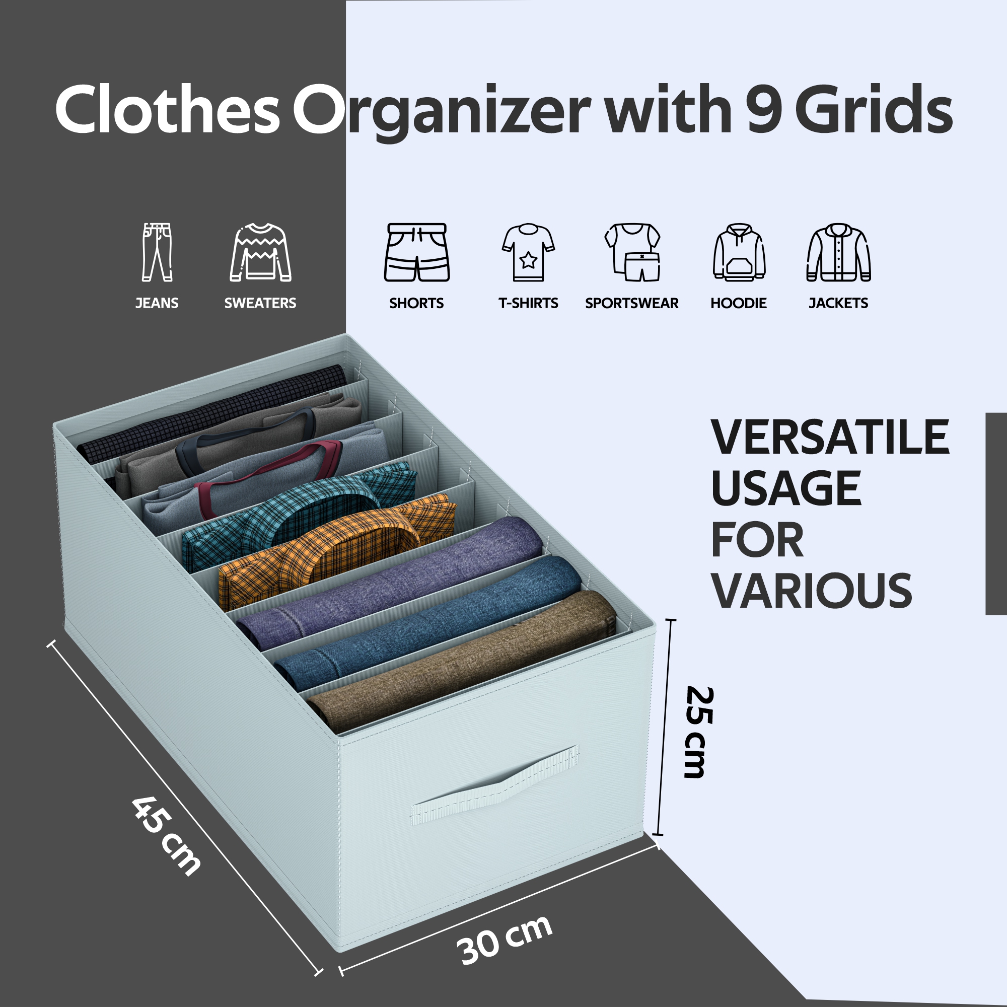 Kuber Industries Wardrobe Organizer  9 Grid Trouser Box  Jeans Bra Panty-Socks Storage Organizer  Folding Closet Organizer  Dress Drawer Organizer  Plain  Large  Grey