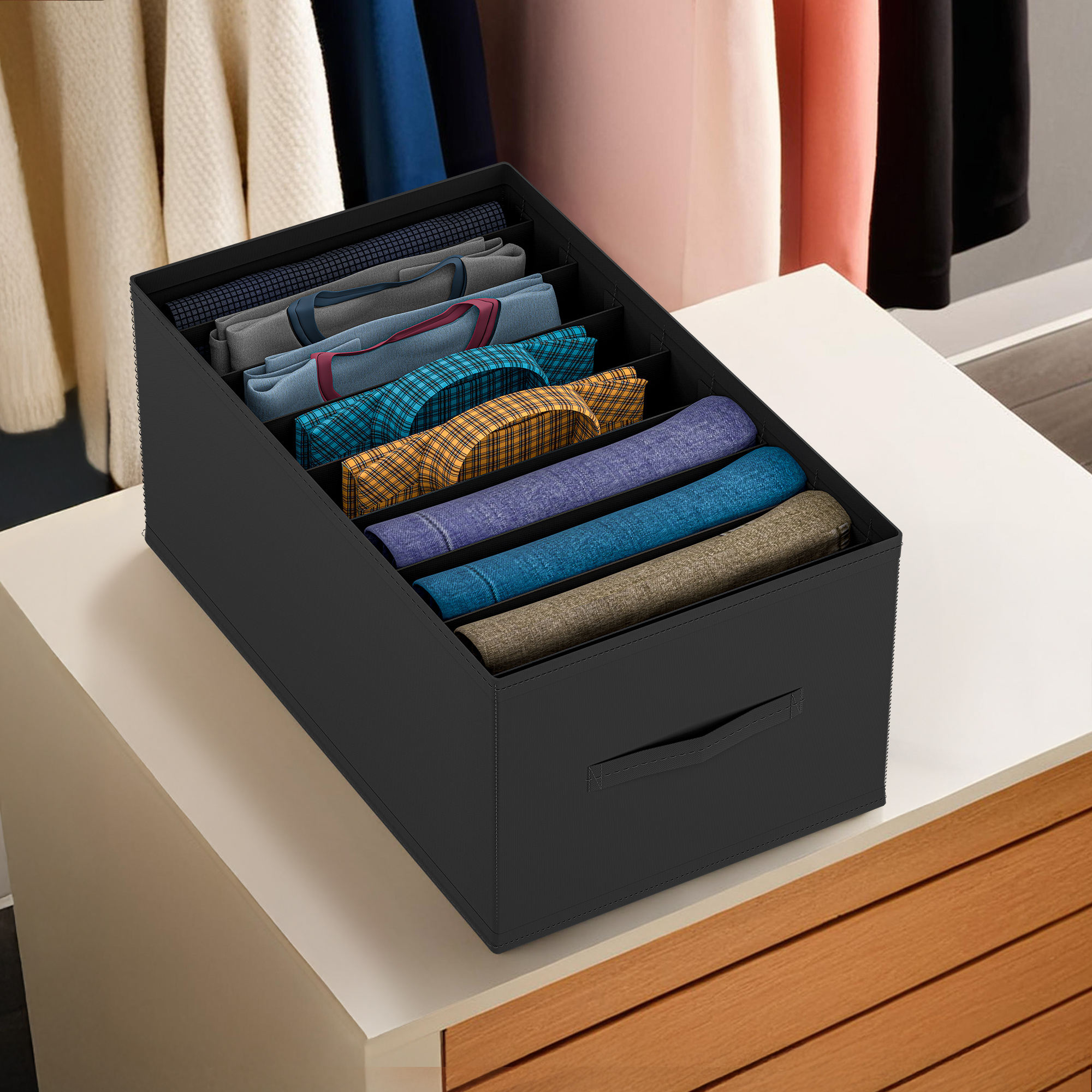 Kuber Industries Wardrobe Organizer  9 Grid Trouser Box  Jeans Bra Panty-Socks Storage Organizer  Folding Closet Organizer  Dress Drawer Organizer  Plain  Large  Black