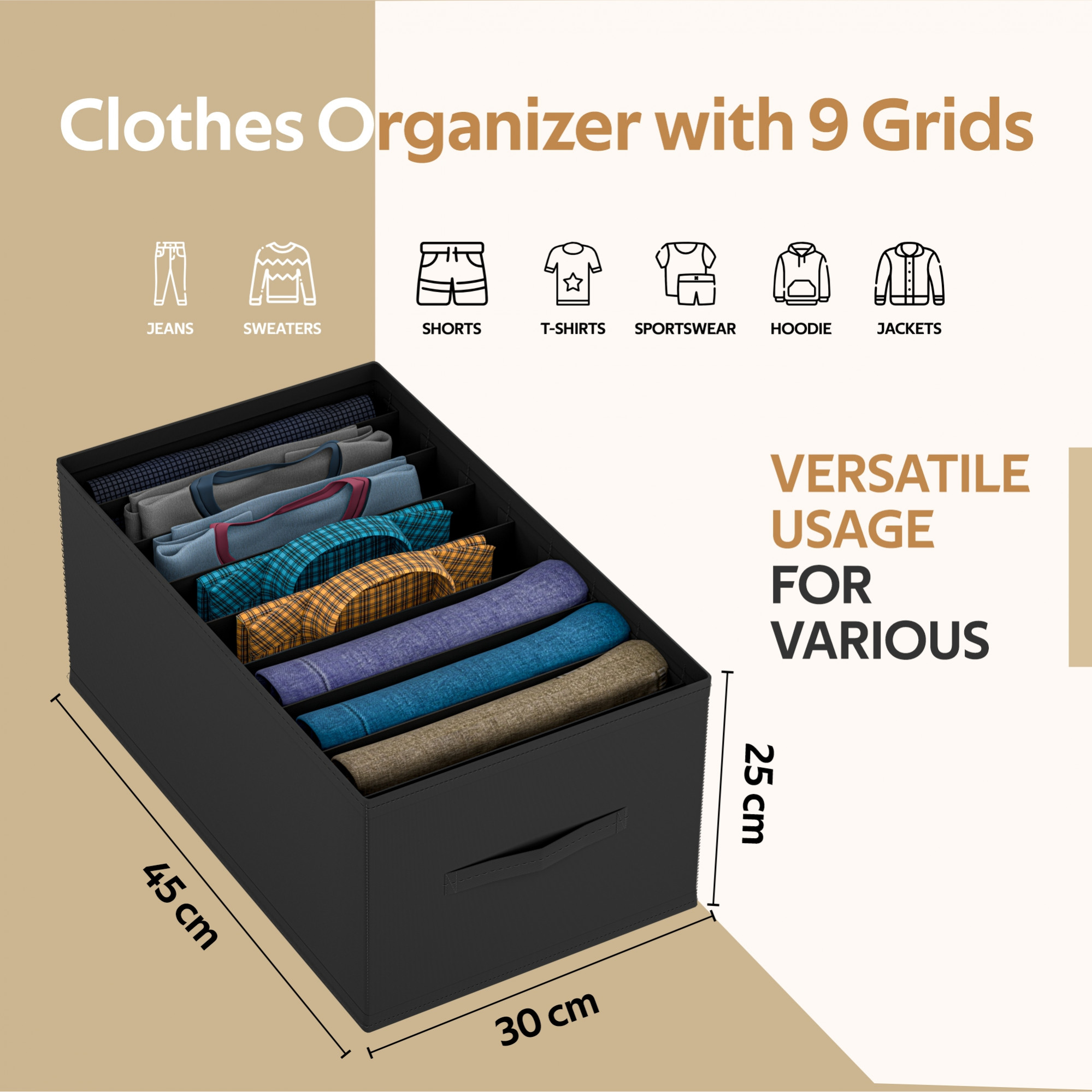 Kuber Industries Wardrobe Organizer  9 Grid Trouser Box  Jeans Bra Panty-Socks Storage Organizer  Folding Closet Organizer  Dress Drawer Organizer  Plain  Large  Black