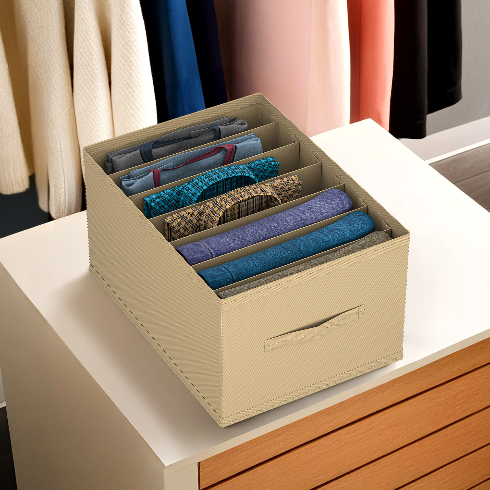Kuber Industries Wardrobe Organizer  7 Grid Trouser Box  Jeans Bra Panty-Socks Storage Organizer  Folding Closet Organizer  Dress Drawer Organizer  Plain  Medium  Brown