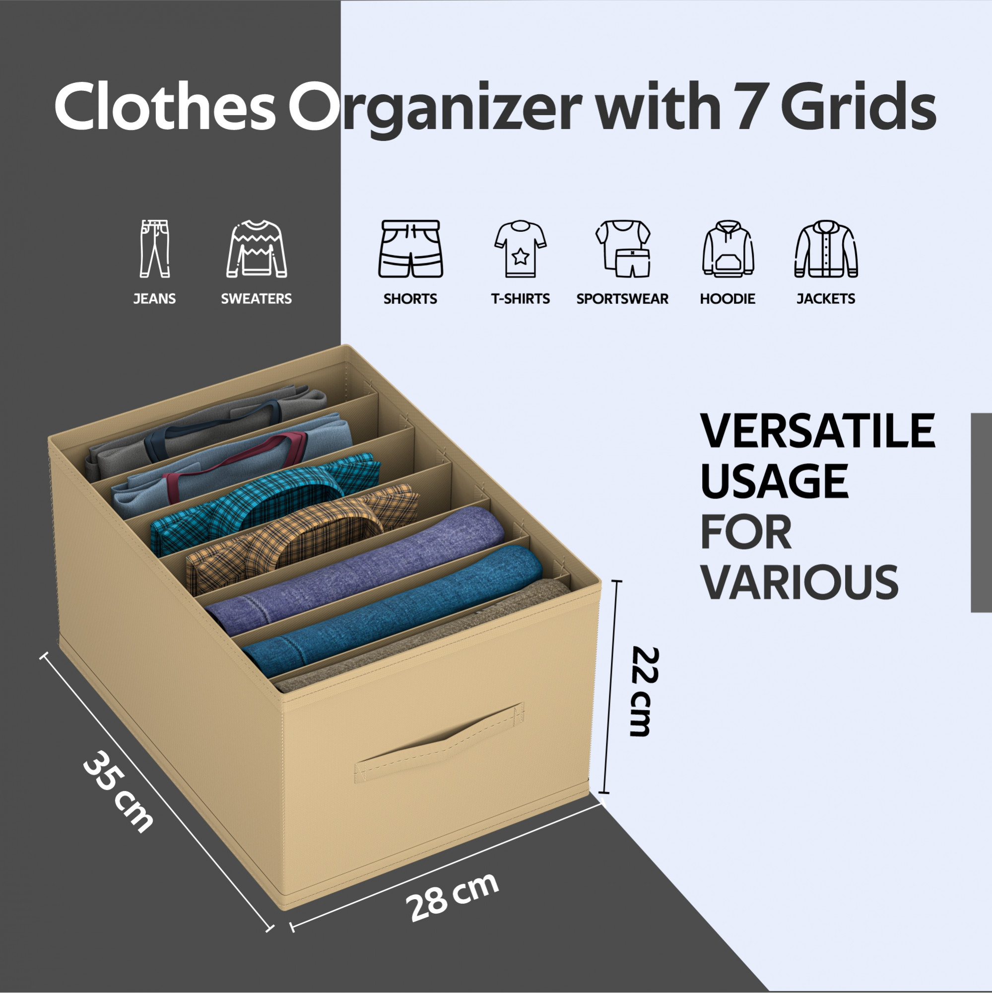 Kuber Industries Wardrobe Organizer  7 Grid Trouser Box  Jeans Bra Panty-Socks Storage Organizer  Folding Closet Organizer  Dress Drawer Organizer  Plain  Medium  Brown