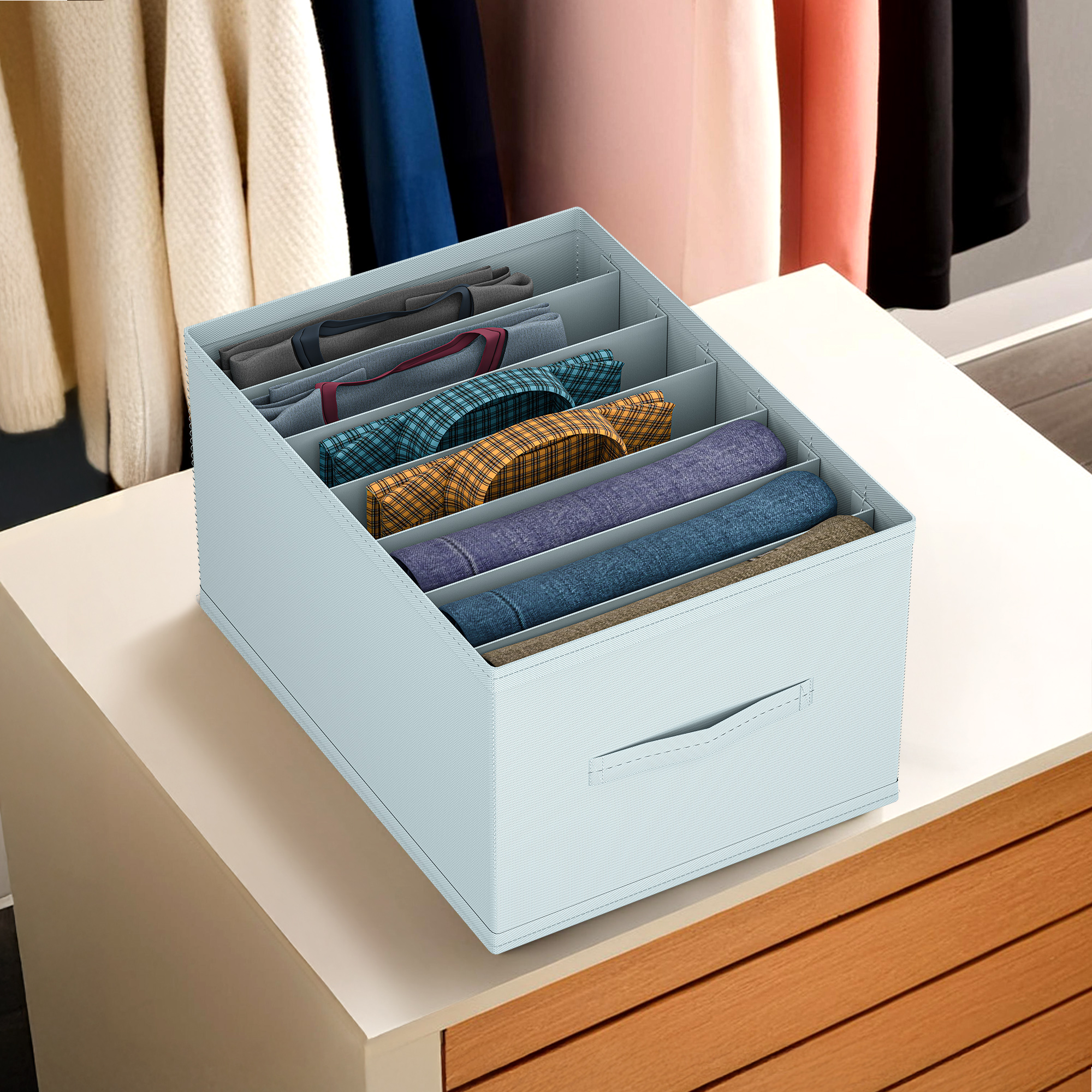 Kuber Industries Wardrobe Organizer  7 Grid Trouser Box  Jeans Bra Panty-Socks Storage Organizer  Folding Closet Organizer  Dress Drawer Organizer  Plain  Medium  Grey