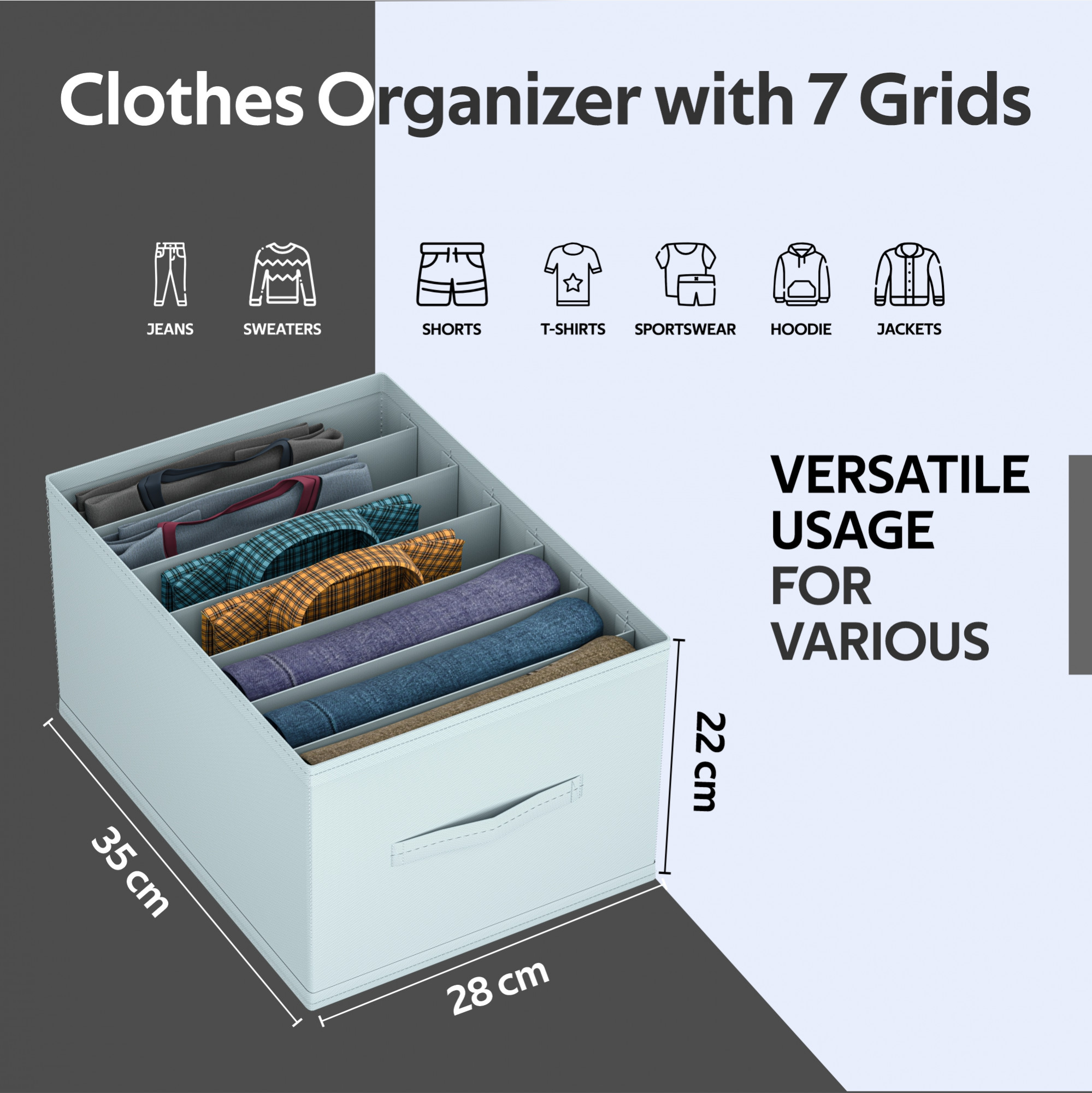 Kuber Industries Wardrobe Organizer  7 Grid Trouser Box  Jeans Bra Panty-Socks Storage Organizer  Folding Closet Organizer  Dress Drawer Organizer  Plain  Medium  Grey