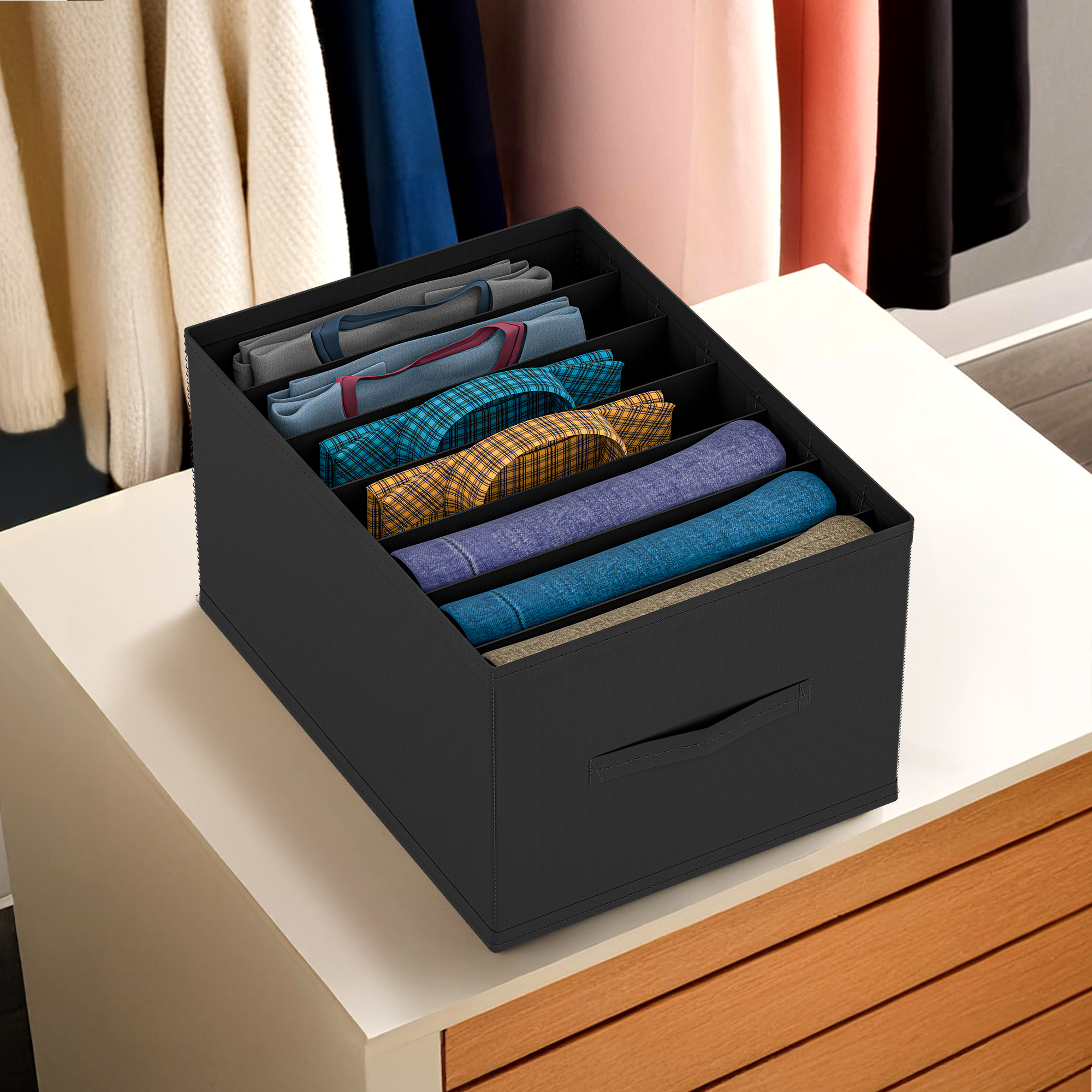 Kuber Industries Wardrobe Organizer  7 Grid Trouser Box  Jeans Bra Panty-Socks Storage Organizer  Folding Closet Organizer  Dress Drawer Organizer  Plain  Medium  Black