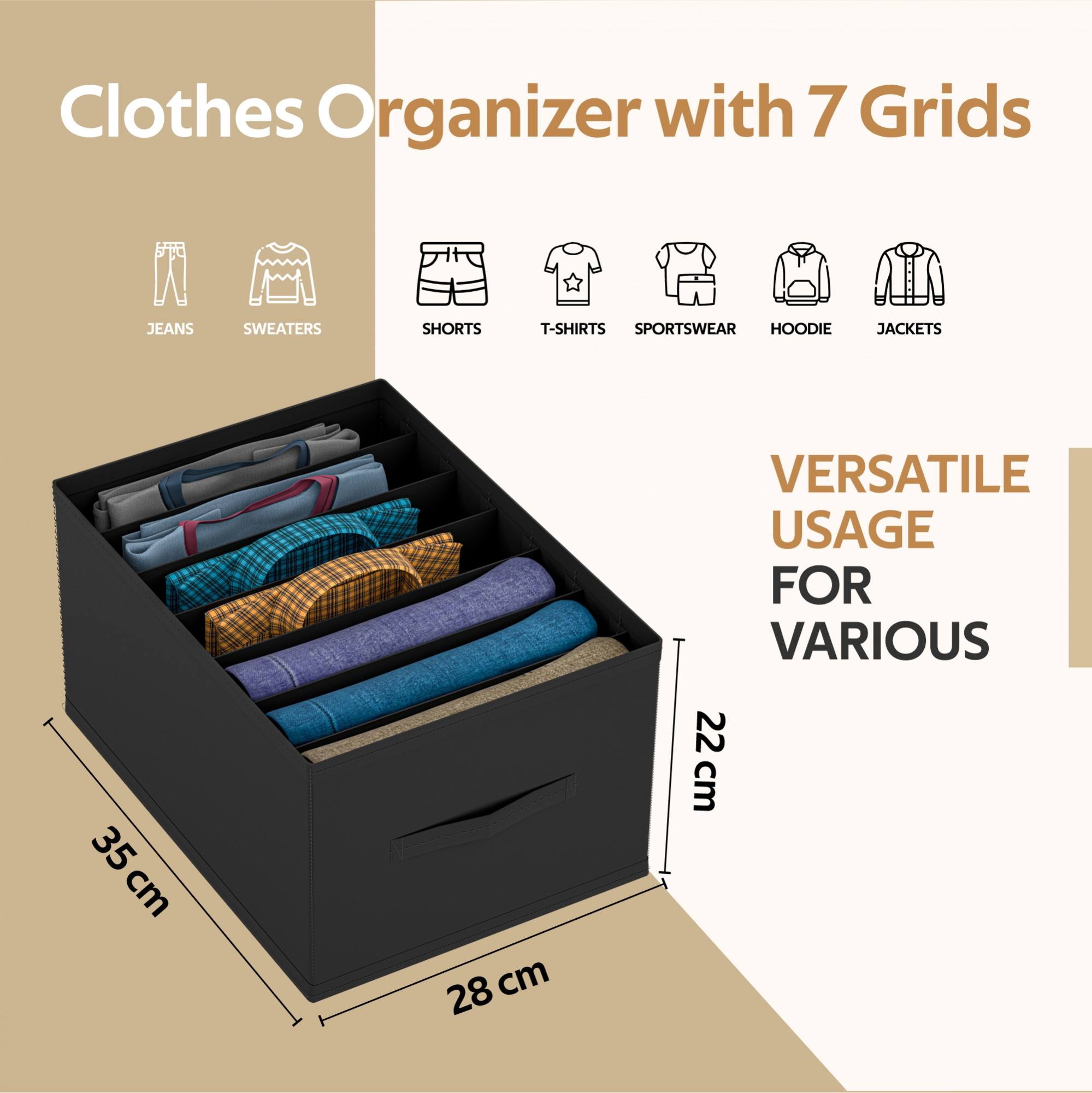 Kuber Industries Wardrobe Organizer  7 Grid Trouser Box  Jeans Bra Panty-Socks Storage Organizer  Folding Closet Organizer  Dress Drawer Organizer  Plain  Medium  Black