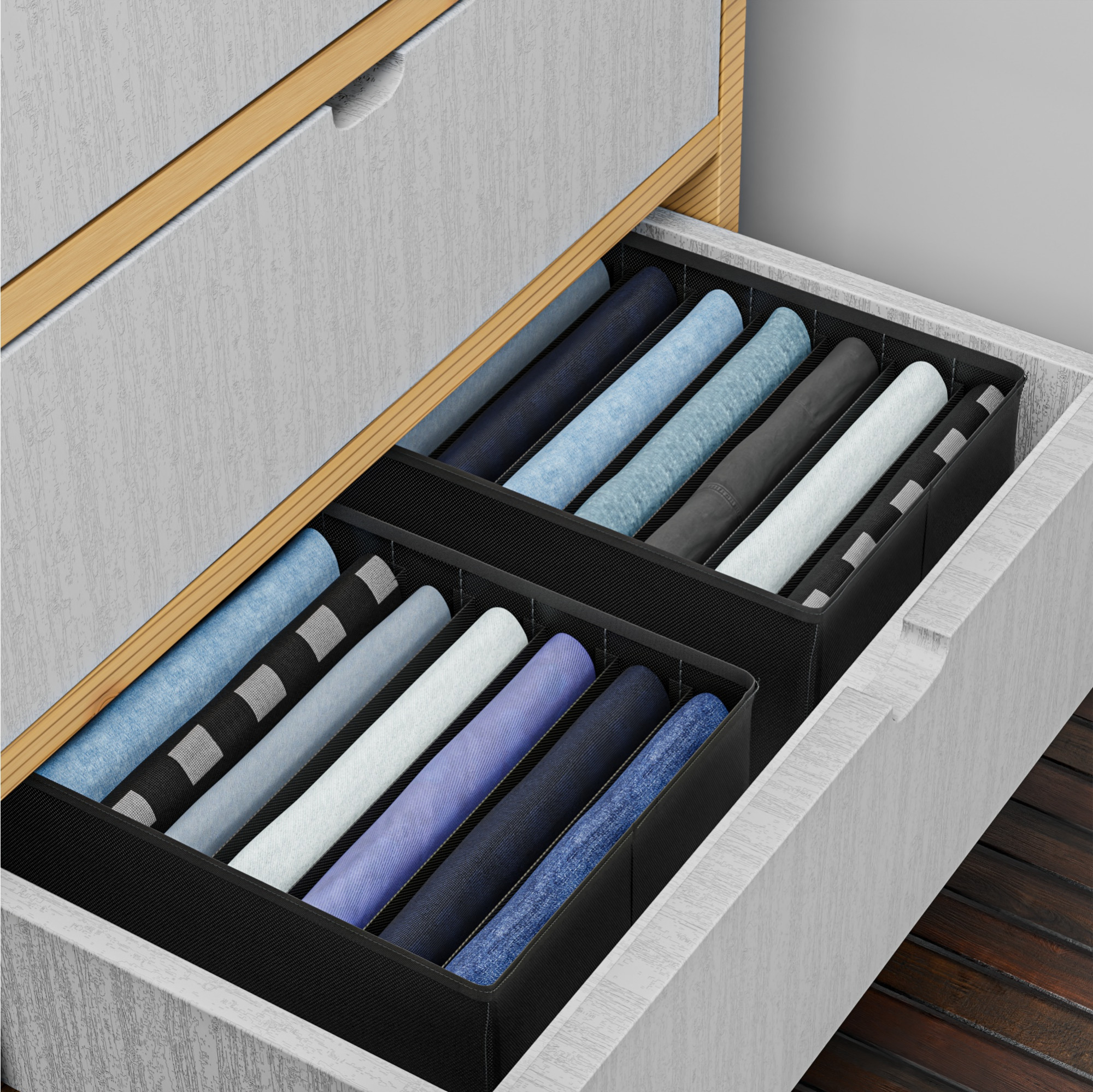 Kuber Industries Wardrobe Organizer  7 Grid Trouser Box  Jeans Bra Panty-Socks Storage Organizer  Folding Closet Organizer  Dress Drawer Organizer  Plain  Medium  Black