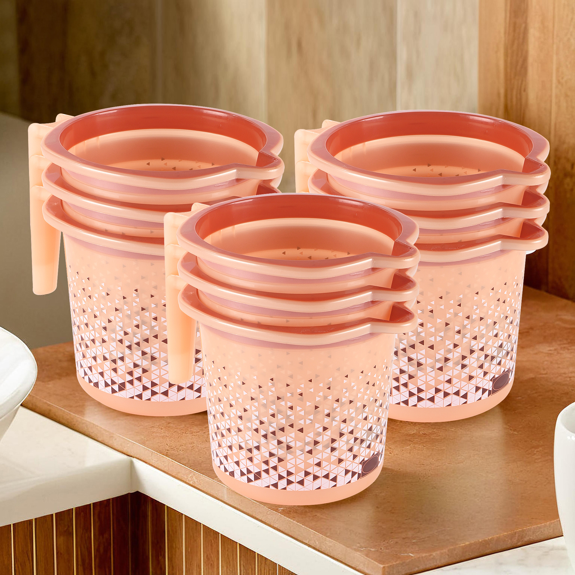 Kuber Industries Pack of 3 Multi-Functional 15 Liter Plastic Mug for Bathroom  Durable for Daily Use in Bathrooms  Lightweight Bathing Mug for Rinsing and Showering  Tinted Print - Beige