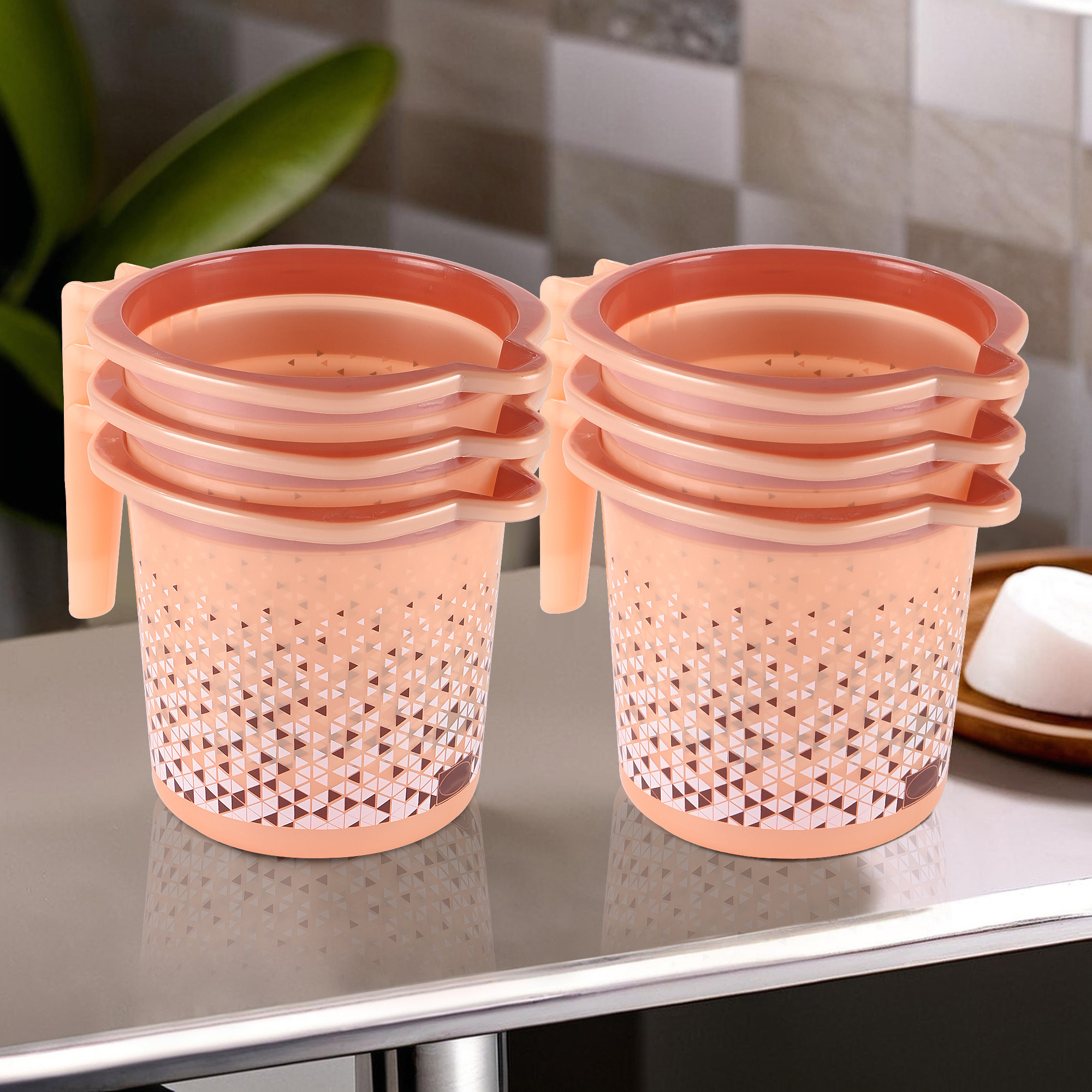 Kuber Industries Pack of 3 Multi-Functional 15 Liter Plastic Mug for Bathroom  Durable for Daily Use in Bathrooms  Lightweight Bathing Mug for Rinsing and Showering  Tinted Print - Beige