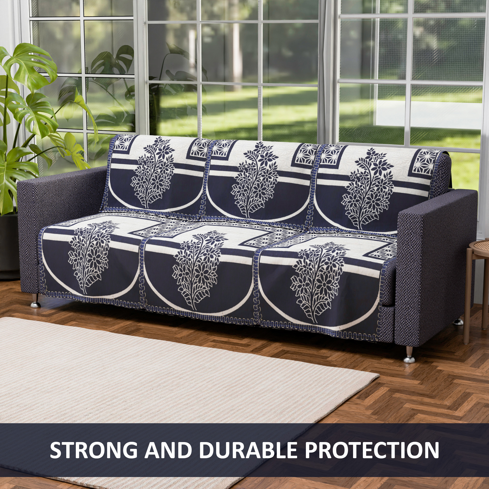 Kuber Industries Set of 10 Decorative Sofa Cover 5 Seater for Living Room  Durable Sofa Cover Protector for Home Living Room  Office  Flower - Cream  Dark Blue